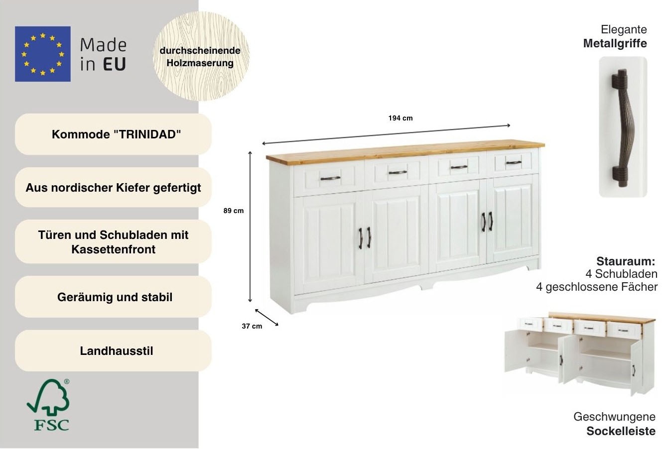 OTTO home Sideboard »Trinidad« Kommode, Breite 194 cm