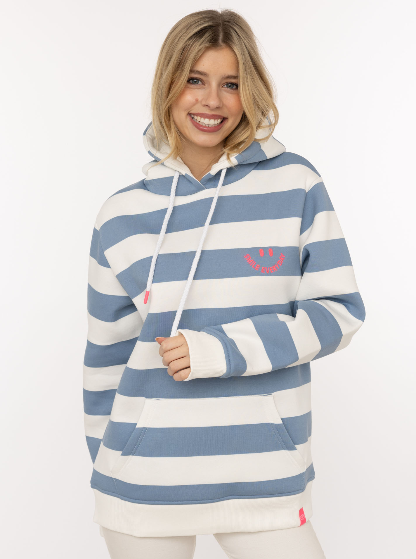 Zwillingsherz Hoodie ""Streifen Smile Everyday"", Blockstreifen, pinke Stickerei, Kängurutasche, Kapuze