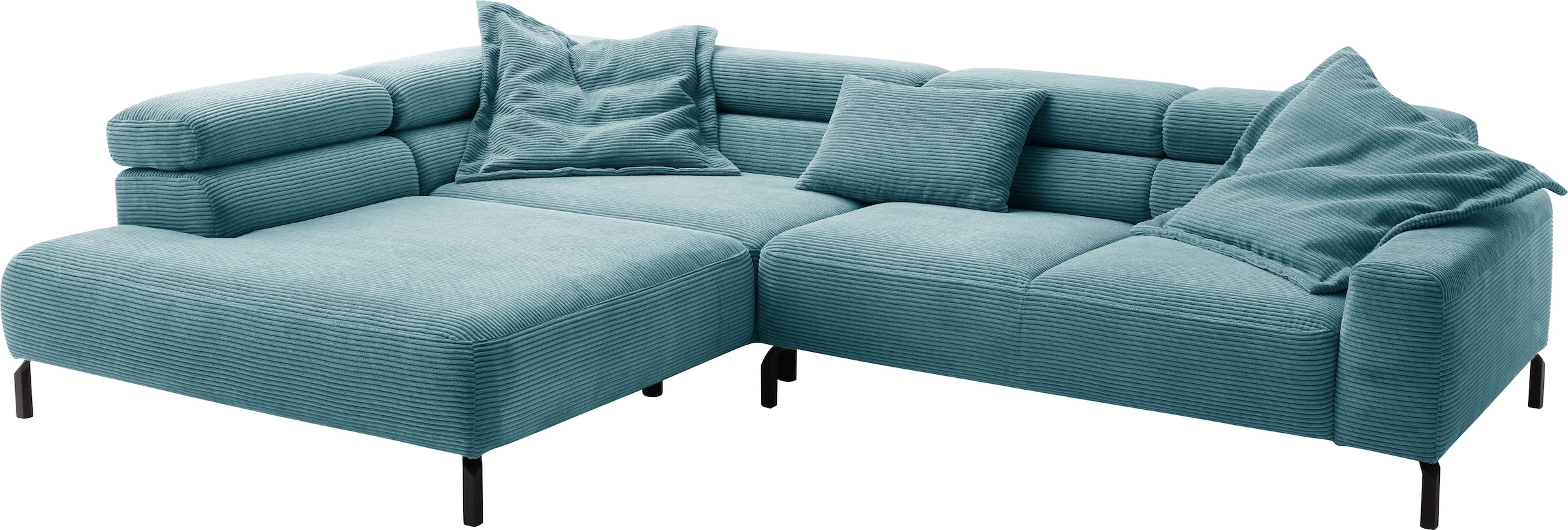 Places of Style Ecksofa »Antonelli, L-Form, inkl. Kopfteilverstellung, Breite 312 cm«, mit elektrischer Sitztiefenverstellung, in Cord, petrol