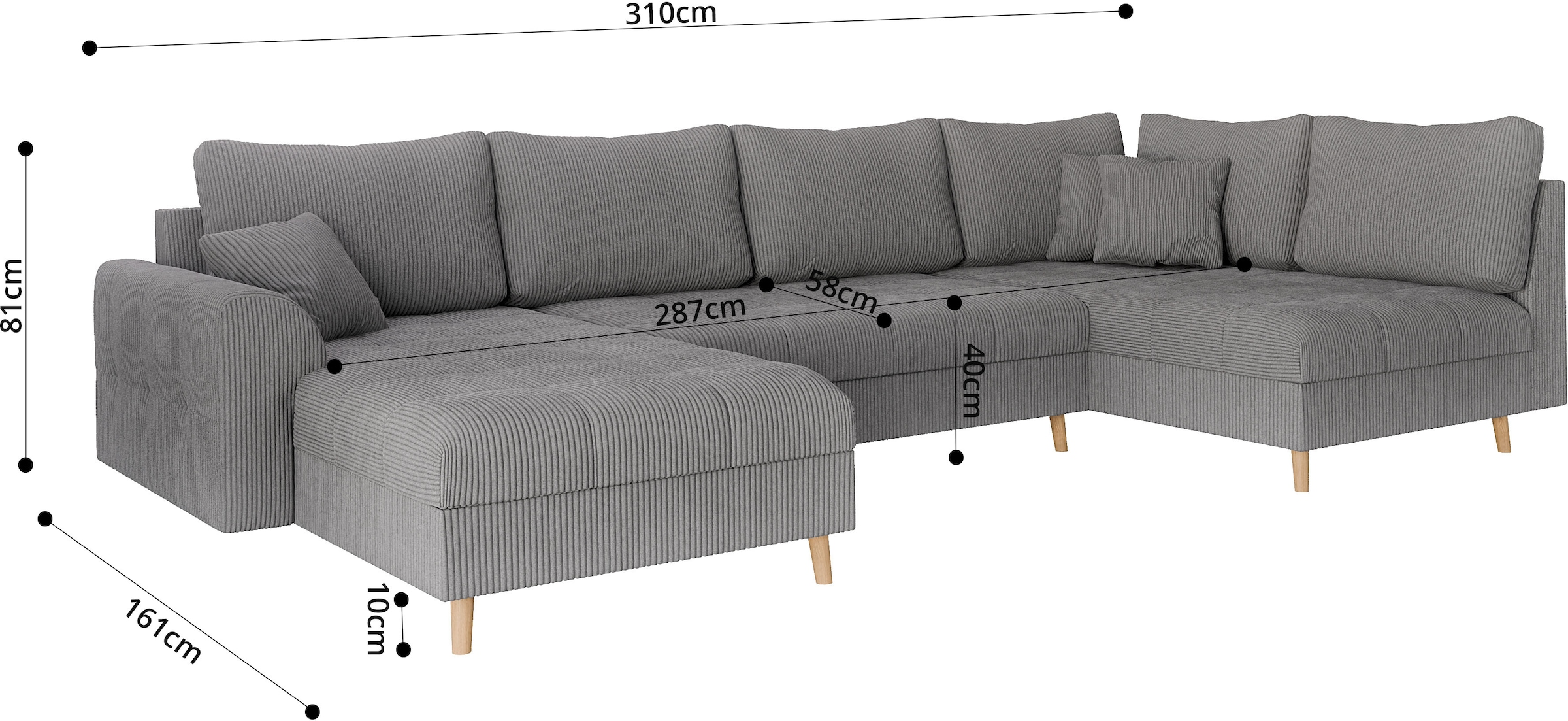 Home affaire Wohnlandschaft »CHARRE U-Form mit Ottomane, Maße B/T/H: 310/161/81 cm«, feine Steppung, lose Rücken- und Zierkissen, auch in Cord und Bouclé