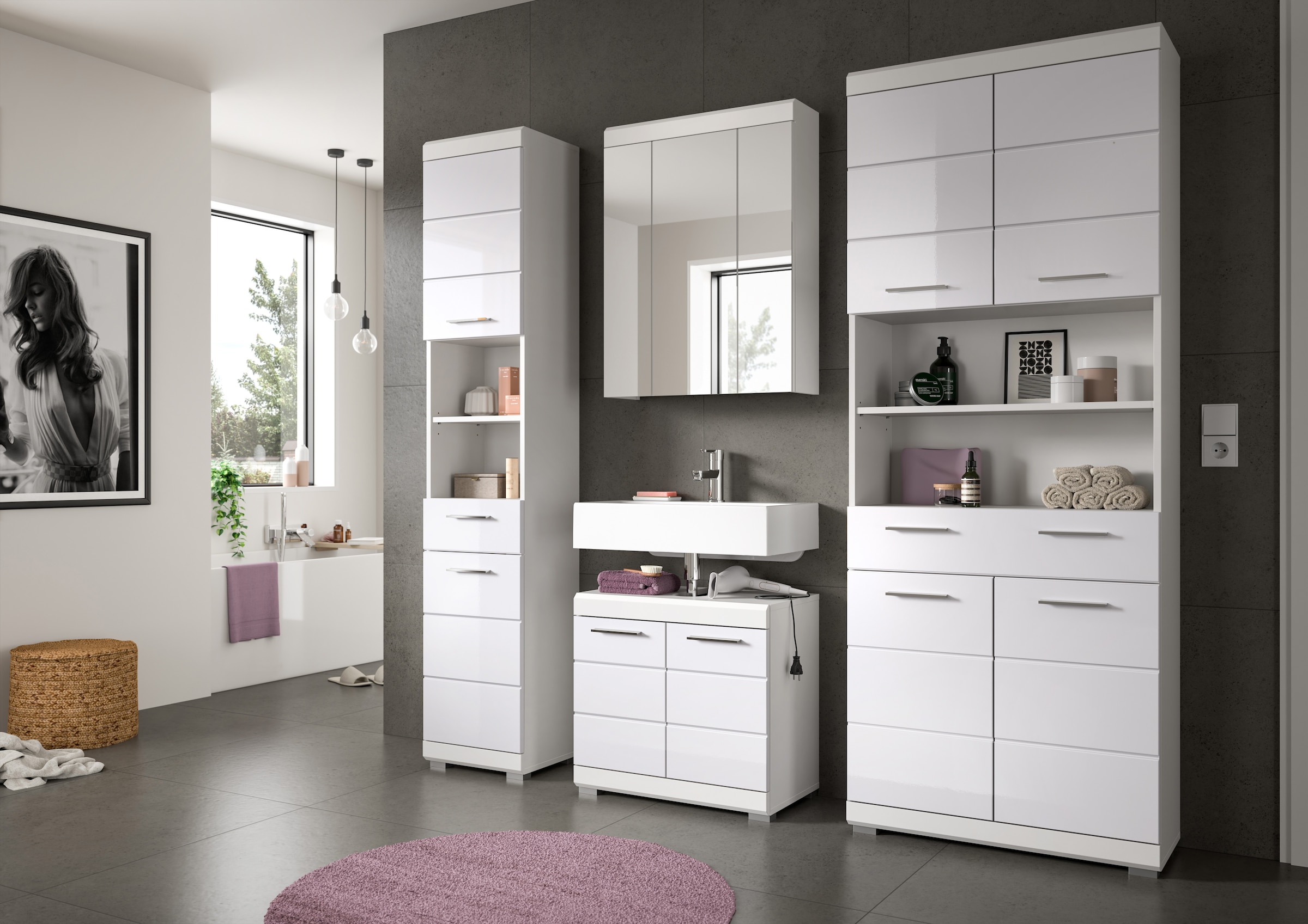 INOSIGN Hochschrank »Siena, Breite 74cm, 4 Türen, 1 Schubkasten, 2 offene Fächer, MDF-Front«, in verschiedenen Farben erhältlich, Badmöbel, Badschrank, Schrank, Bad