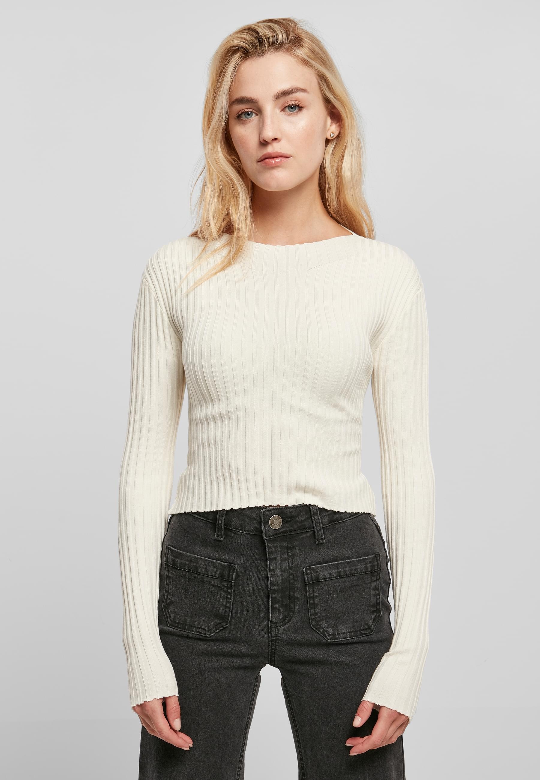 URBAN CLASSICS Rundhalspullover »Urban Classics Damen Ladies Short Rib Knit Twisted Back Sweater«, (1 tlg.)