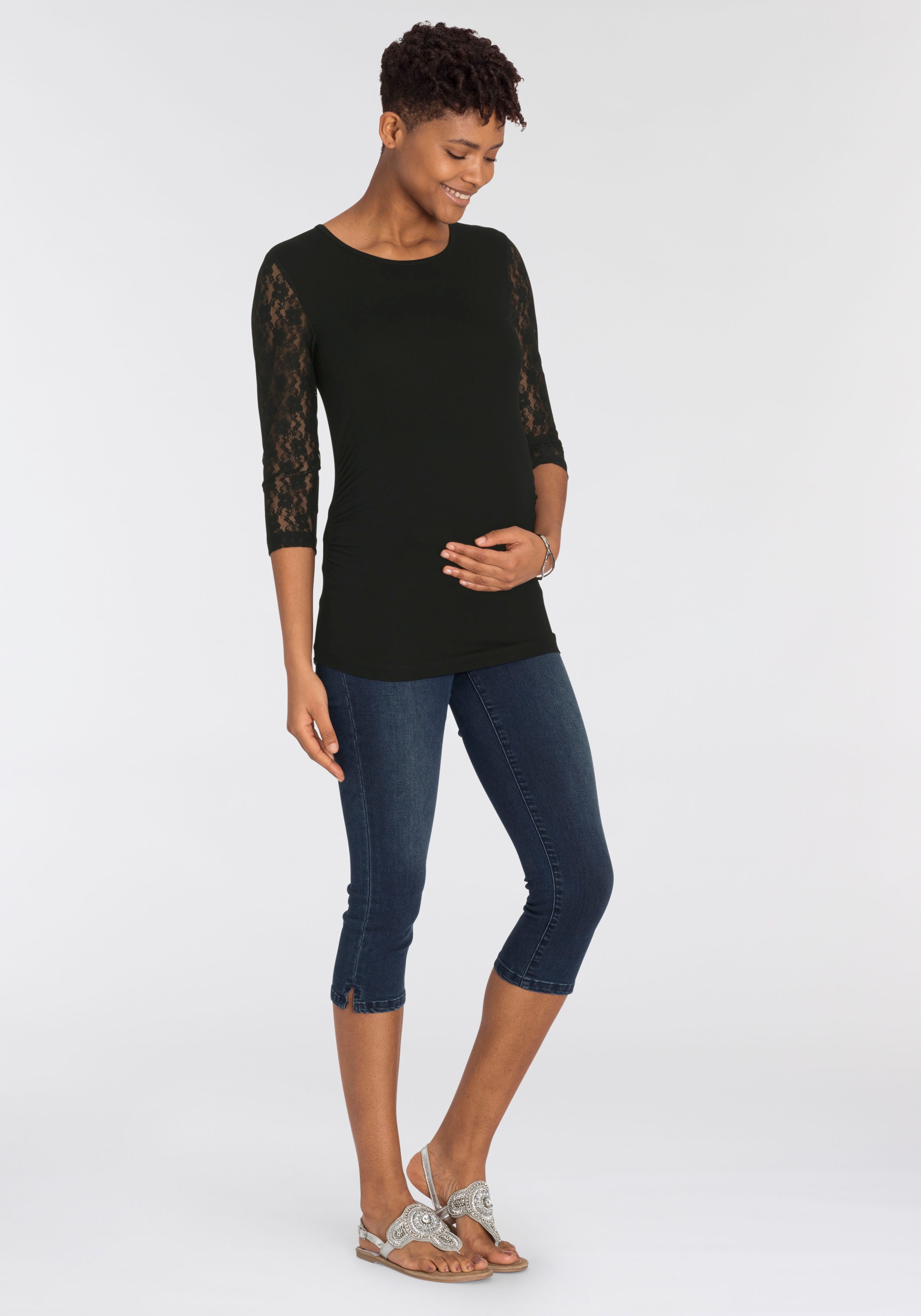 Umstandsshirt NEUN MONATE "Für Schwangerschaft und Stillzeit", Damen, Gr. 44/46, schwarz, Jersey, Obermaterial: 95% Viskose, 5% Elasthan. Ärmel: 92% Polyester, 8% Elasthan, unifarben, figurbetont hüftlang, Rundhals, abgesteppte Kante, Shirts Umstandsshirt 3