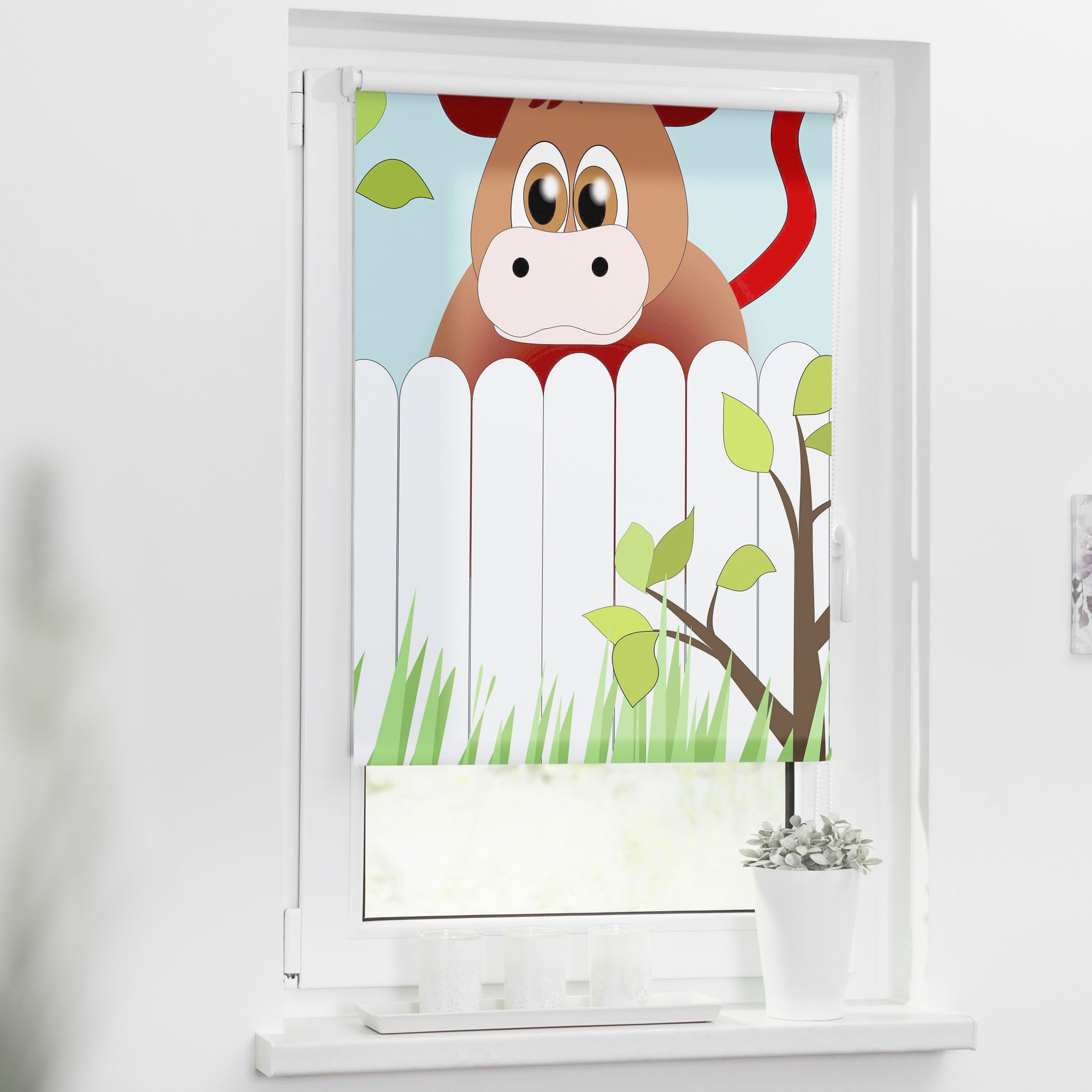 LICHTBLICK ORIGINAL Seitenzugrollo »Klemmfix Motiv Ochse Otto«, Lichtschutz, ohne Bohren, freihängend, bedruckt