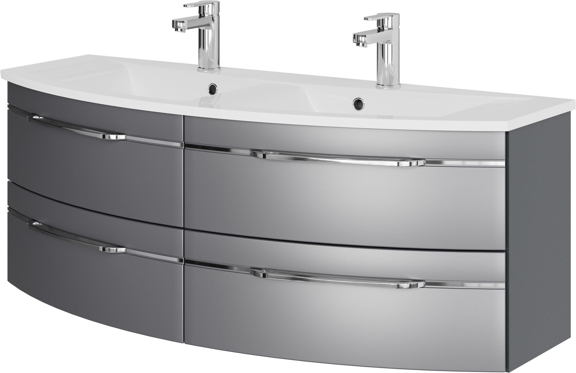 Saphir Badmöbel-Set »Badezimmer-Set 133,2 cm breit, inkl. Türdämpfer, 3 Türen, 4 Schubladen«, (Set, 2 St.), Serie 7045 2-teilig Mineralmarmor-Doppelwaschtisch, LED-Spiegelschrank