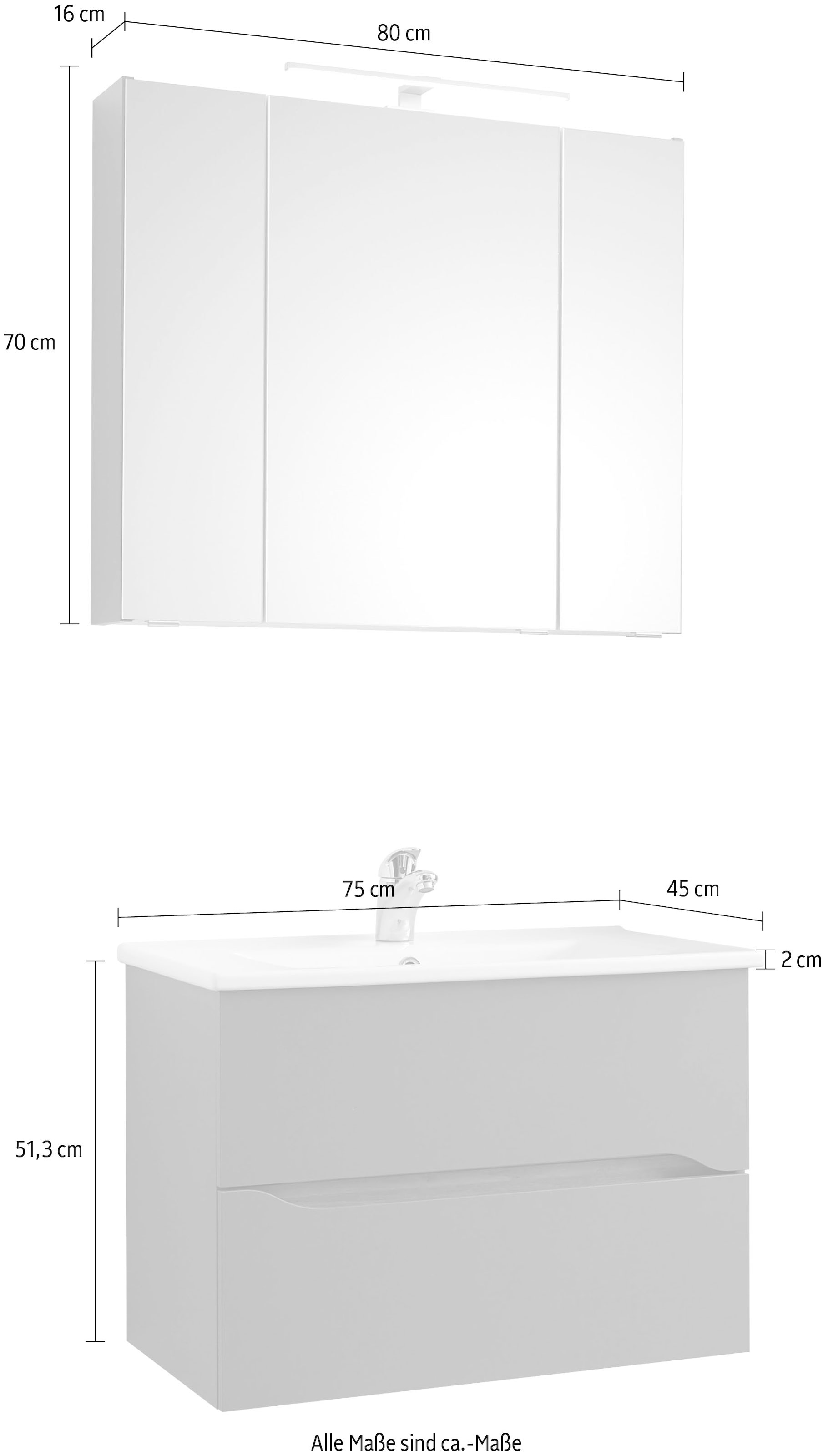 Saphir Badmöbel-Set »Quickset 2-teilig, Keramikwaschtisch mit LED-Spiegelschrank«, (2 St.), 80 cm breit, 2 Schubladen, 3 Spiegeltüren, 6 Einlegeböden