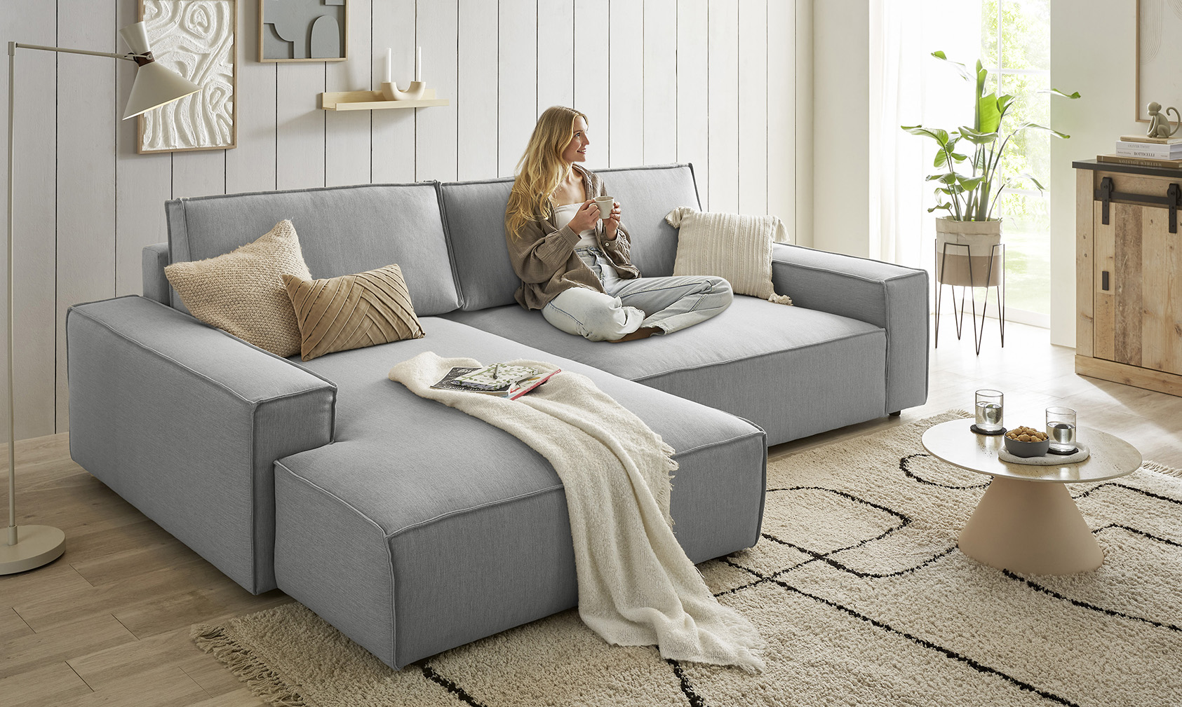 OTTO home Ecksofa "SHERWOOD XXL Leinenoptik 284, Big-Sofa L-Form, tiefe Sitzfläche 95 cm" Recamiere rechts/links, als Schlafsofa stellbar, Cord u. Leinenoptik