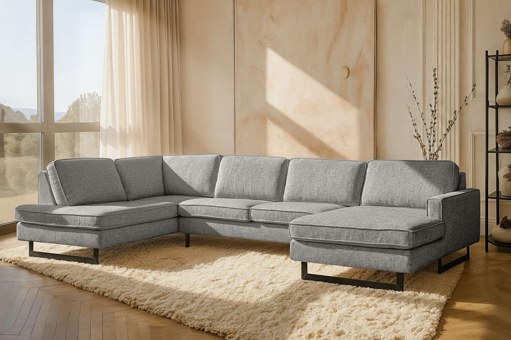 OTTO home Wohnlandschaft "Pinto, 350 cm, U-Form, XXL, mit Ottomanen" Cord, Chenille, Lederoptik, mit Keder, Metallfüße, Wellenunterfederung