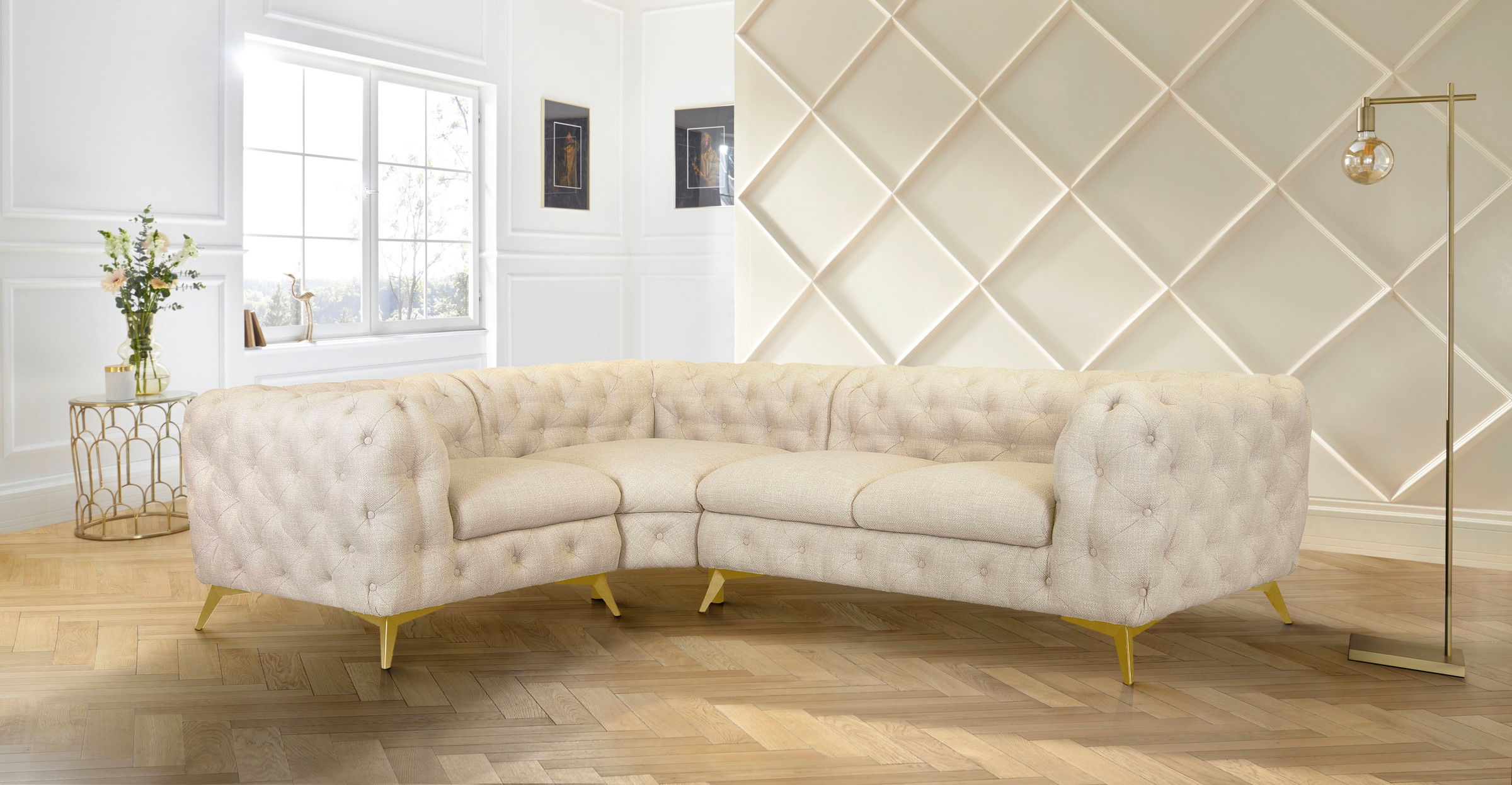 Home affaire Chesterfield-Sofa »Ecksofa GLYNIS L-Form mit Wellenunterfederung, Maße B/T/H 264/204/75cm« aufwändige Knopfheftung, moderne Chesterfield Optik, Fußfarbe wählbar