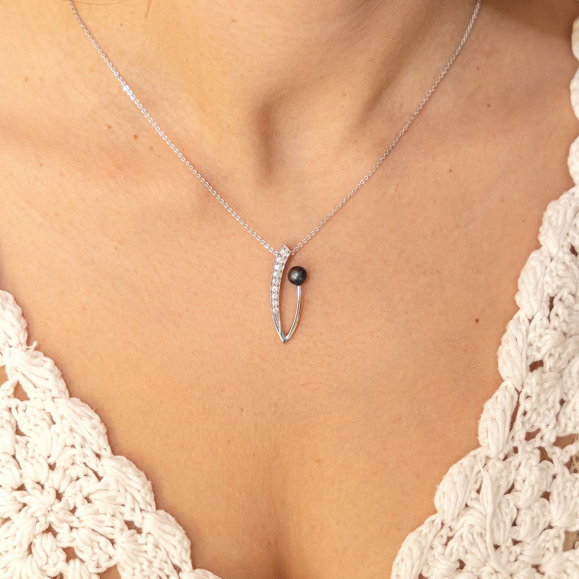 Zeeme Kette mit Anhänger »Silber 925 rhodiniert mit schwarzer Perle & Zirkonia weiß«