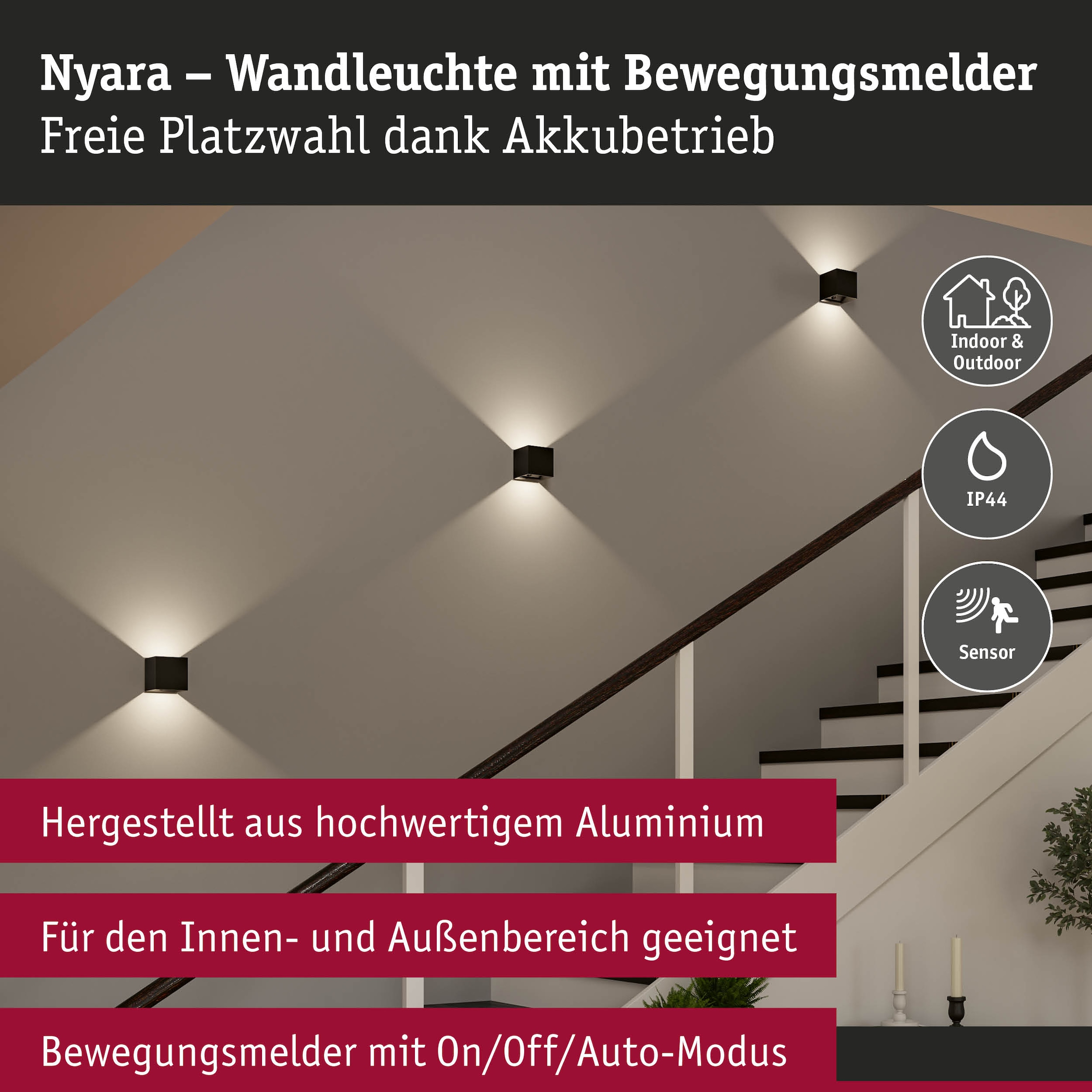 Paulmann LED Wandleuchte »Nyara IP44 2W« LED-Modul 2 Stk. Dämmerungsgesteuerter Bewegungsmelder (HF)