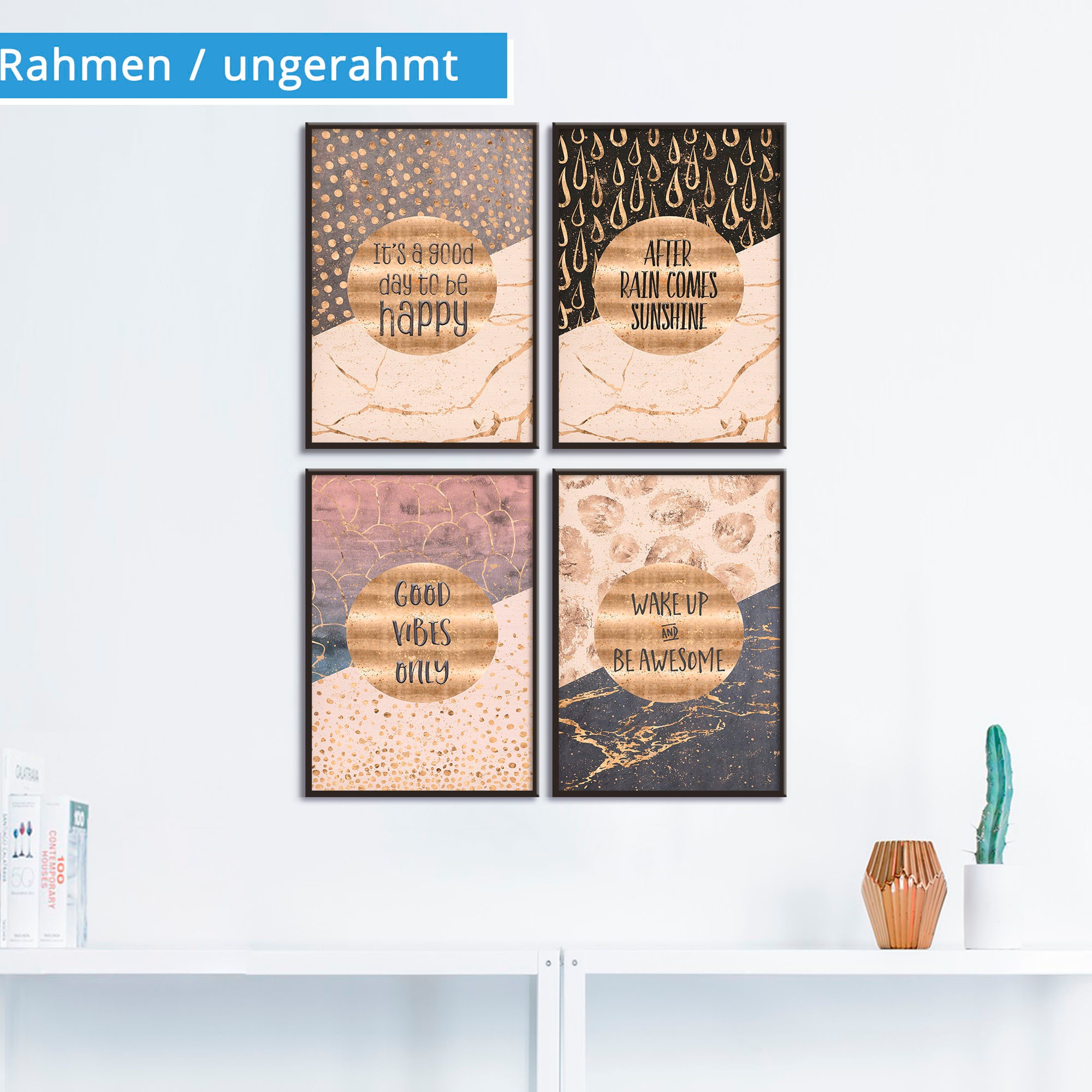 Artland Poster »4 St.), Lebensweisheiten & Sprüche Gold«, kaufen Wandposter (4 Poster, BAUR | Texte, Wandbild, Bild