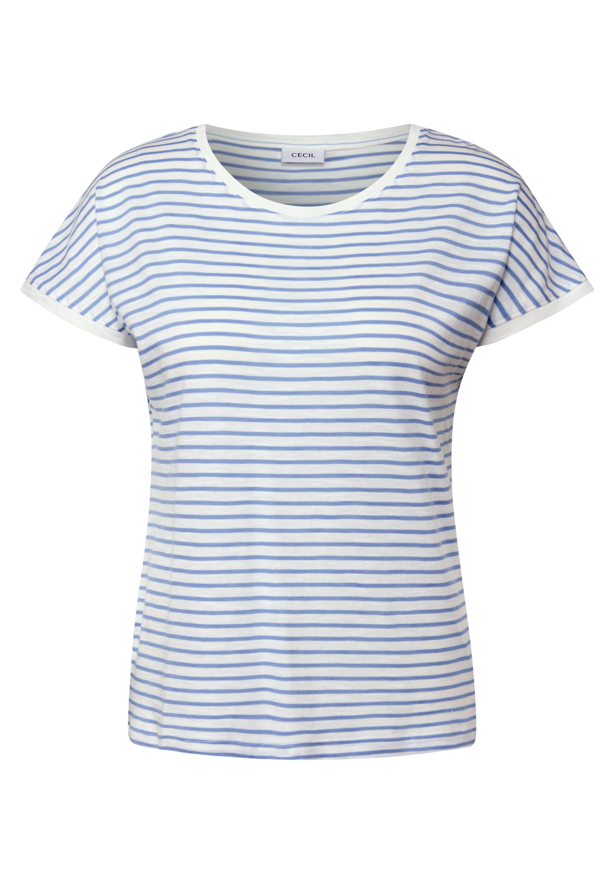 T-Shirt CECIL, Damen, Gr. XXL (46), blau (deep pastel blau), Web, 50% Baumwolle, 50% Modal, gestreift, normal normal, Rundhals, Umschlagbund, Shirts T-Shirt, im Streifendesign 3