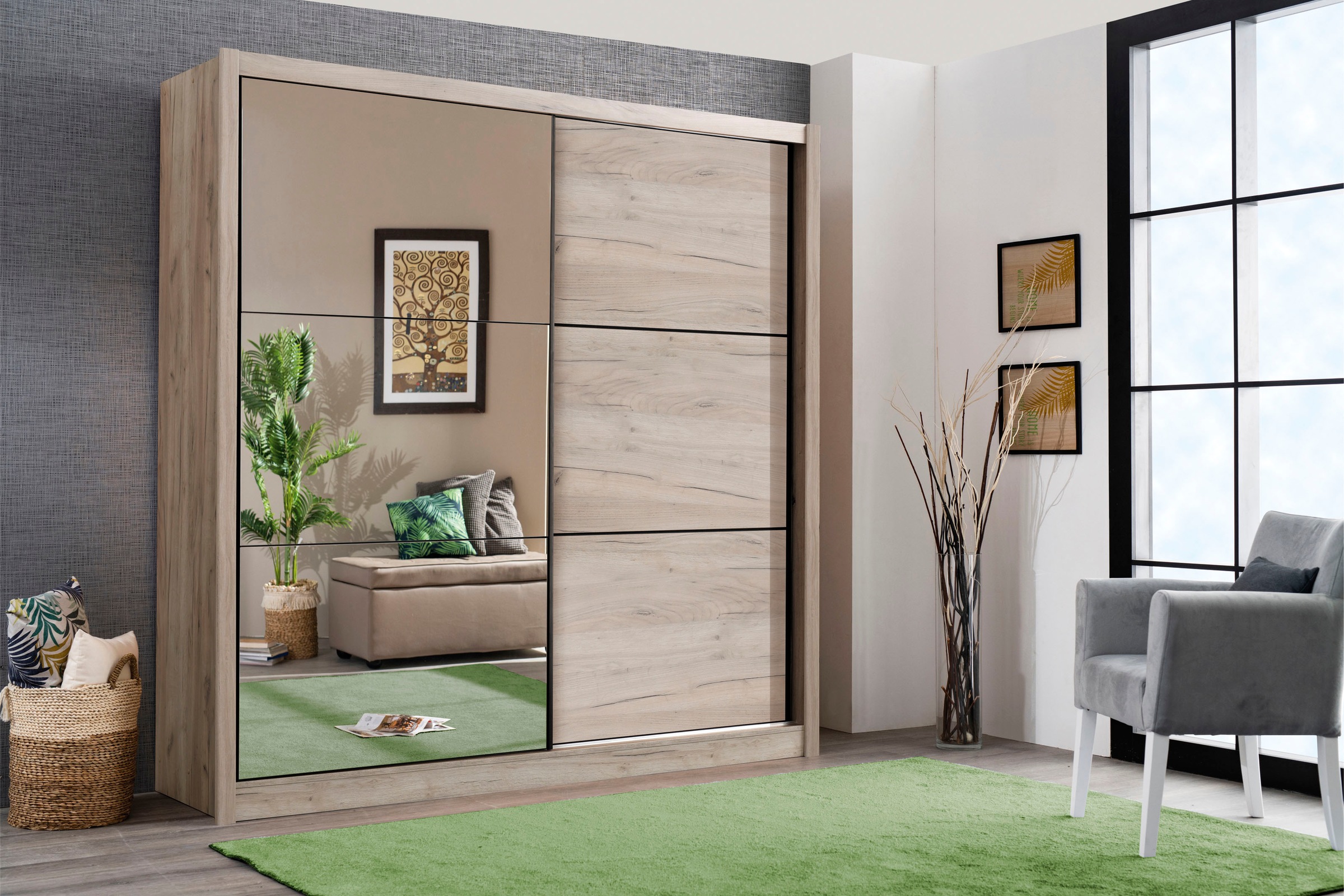 Home affaire Schwebetürenschrank "Navara Kleiderschrank mit Spiegel Wäscheschrank Garderobe" mit großzügiger Innenausstattung, FSC-zertifiziert, in 3 Breiten