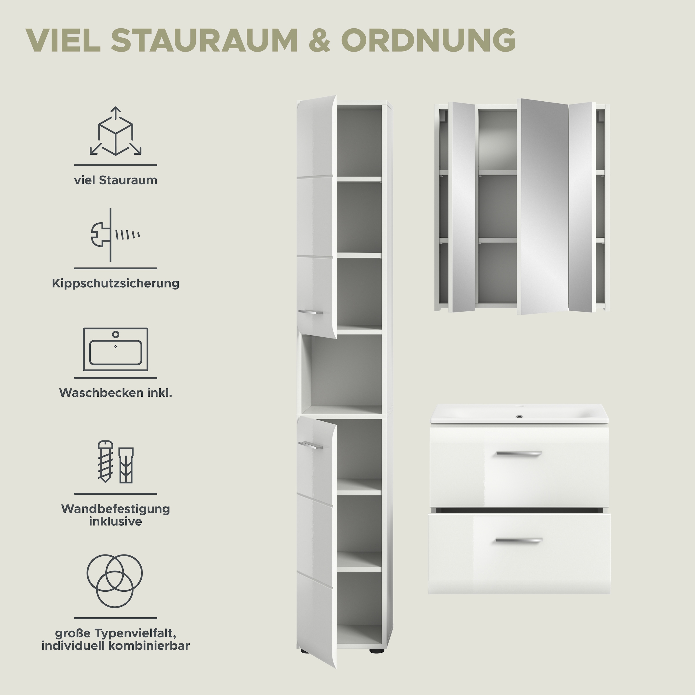 INOSIGN Badezimmer-Set, (Set, 4 St.), Florenz, Badkombination 4-tlg., Weiß hochglanz, inkl. Waschbecken