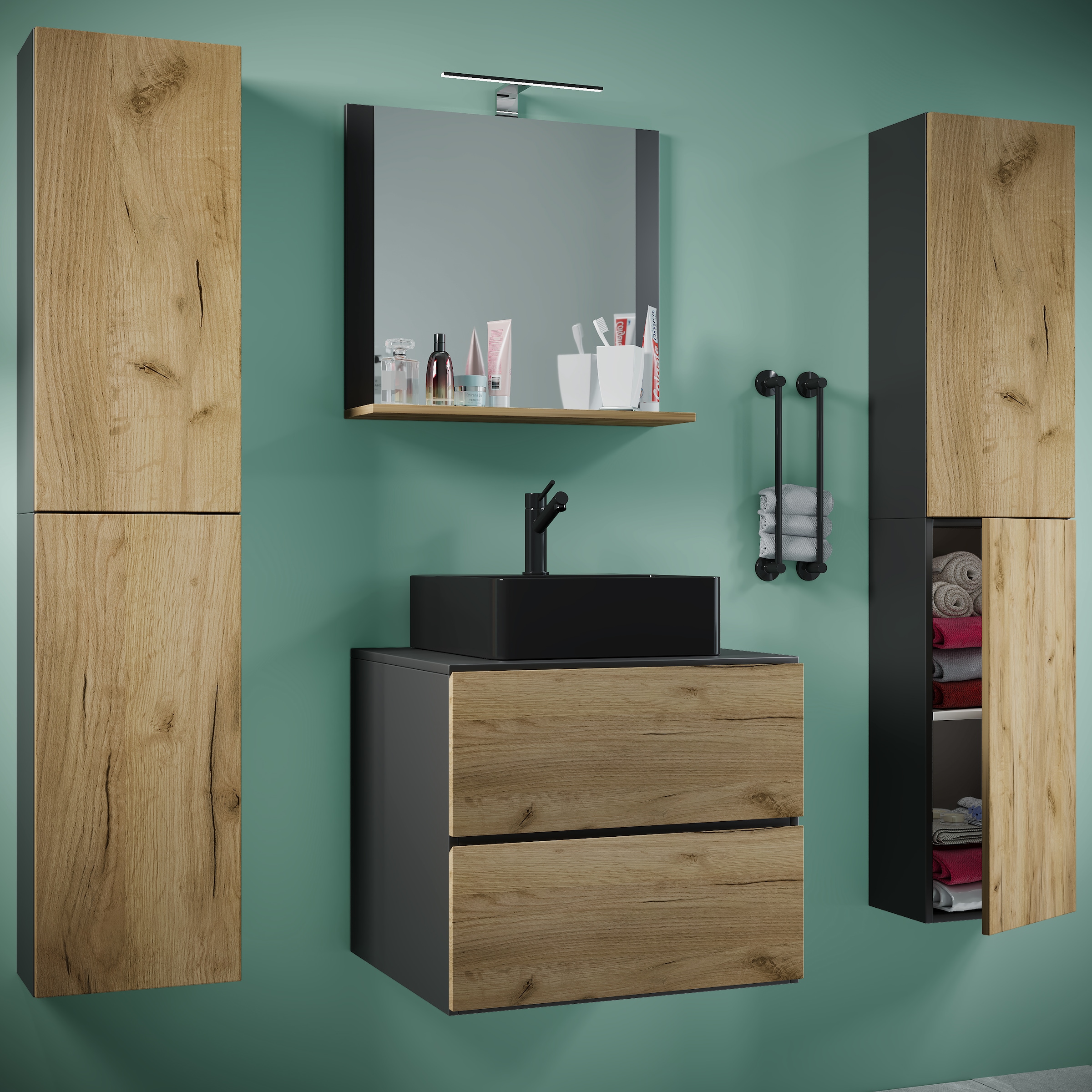 VCM Waschbeckenunterschrank »VCM 5-tlg. Waschplatz Waschtisch Badmöbel Set Waschbecken Lendas BL Breite 60 cm XL Schublade«, (5 St.)