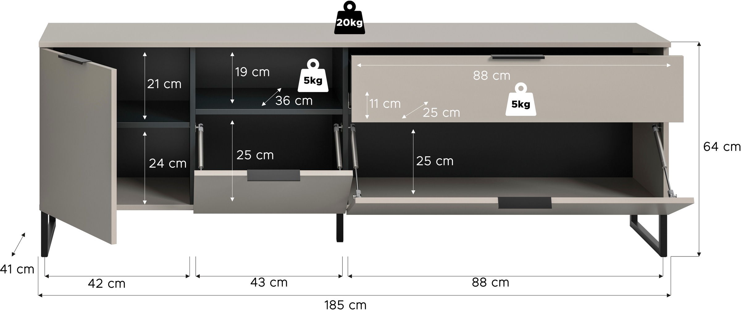 INOSIGN Lowboard »Adio, TV Lowboard, 185 cm Breite«, (1 St.), Adio, TV Lowboard, Kashmir NB, 2 Klappen, 1 Schublade, 1 Tür