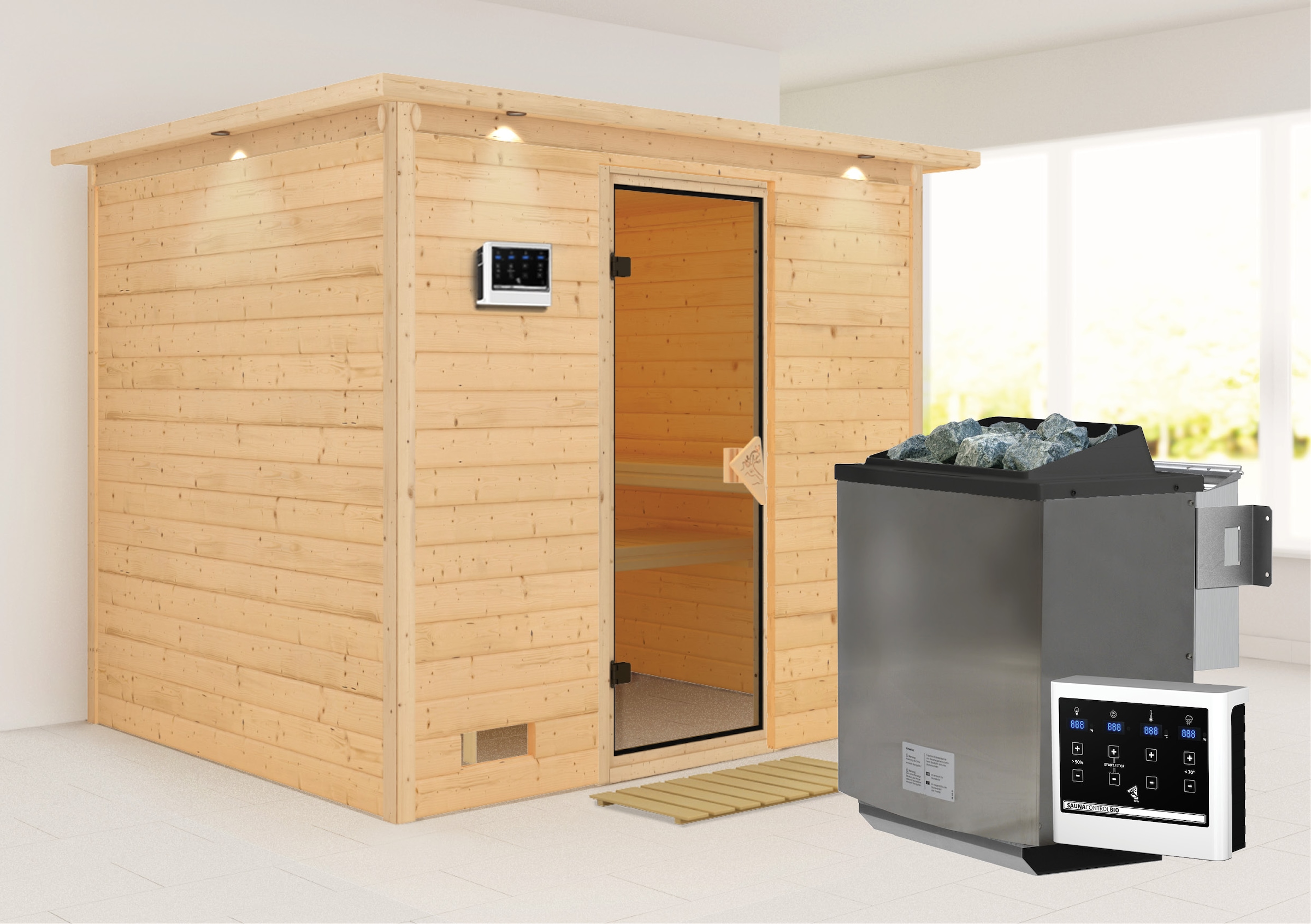 Karibu Sauna "Soraja" Set, Ofen 9 kW Bio externe Strg easy