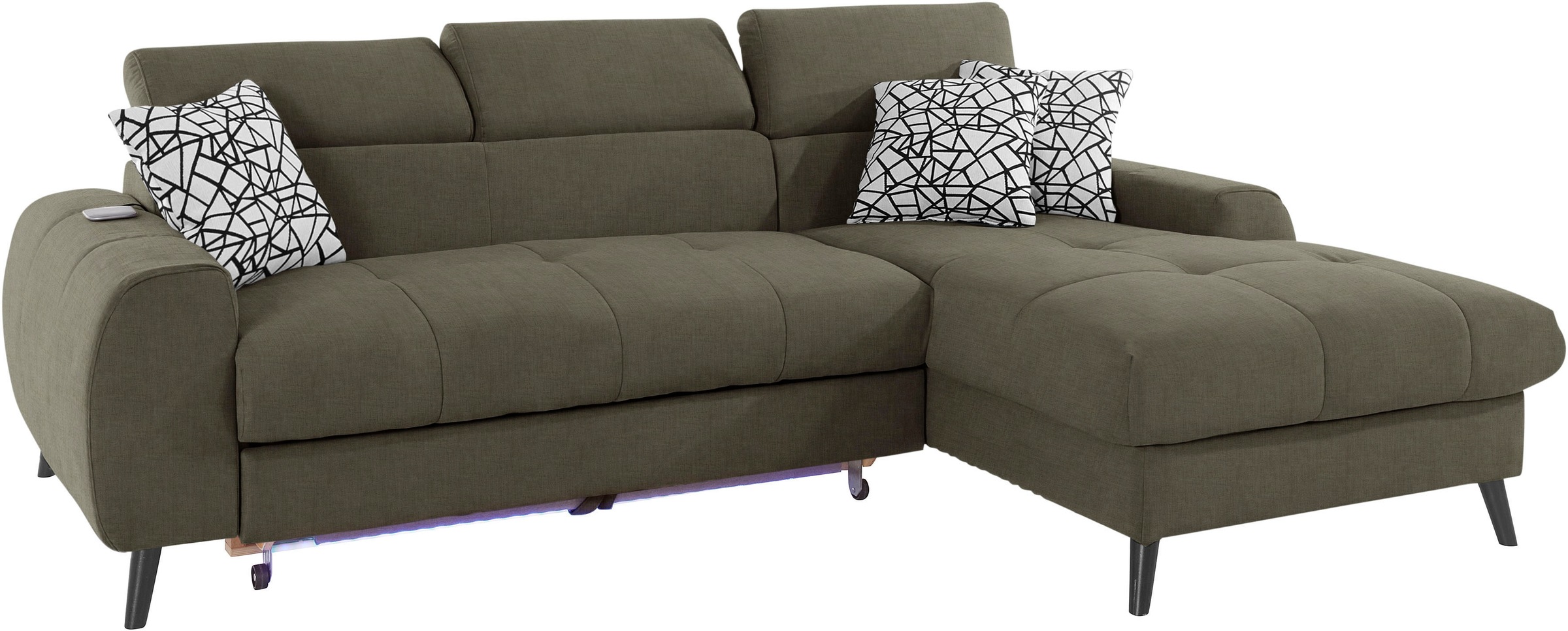 COTTA Ecksofa »Mia L-Form mit 3 Zierkissen«, wahlweise mit Bettfunktion, Bettkasten, Beleuchtung & Wireless-Charger