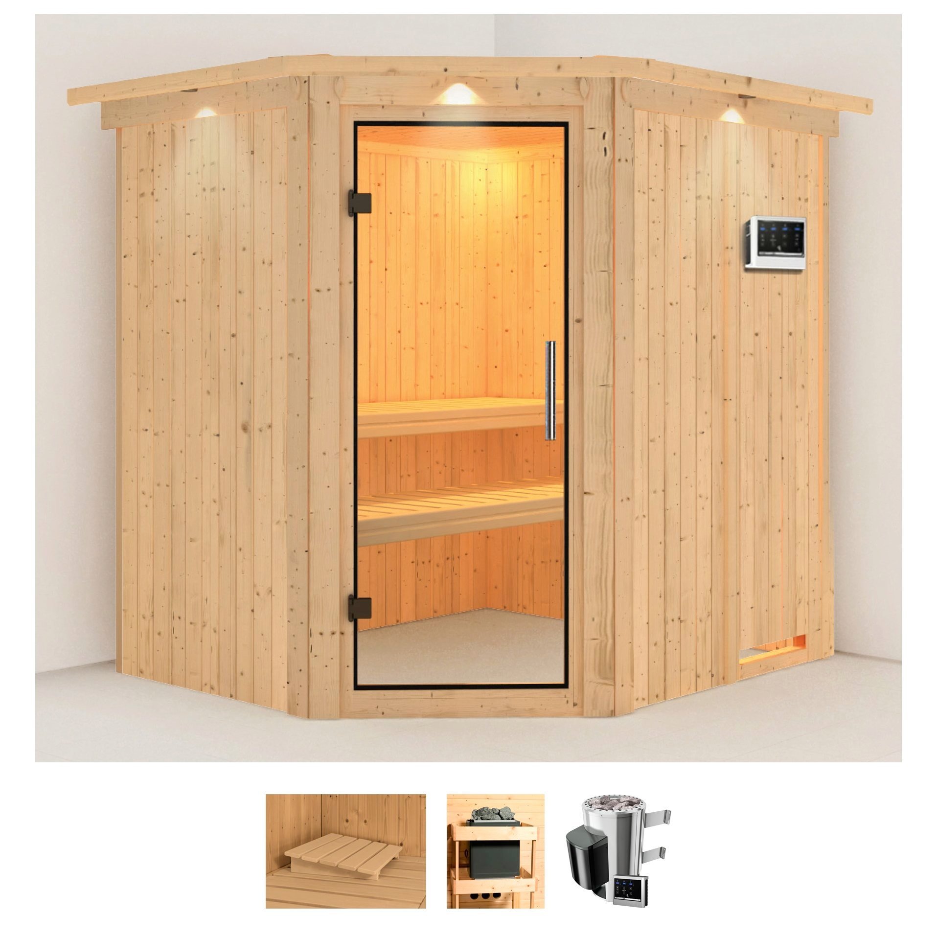KARIBU Sauna "Laila", Bio-Kombiofen, externe Steuerung, 3,6 kW, beige, Saunen, Ofen 3,6 kW Bio-Ofen externe Strg. easy