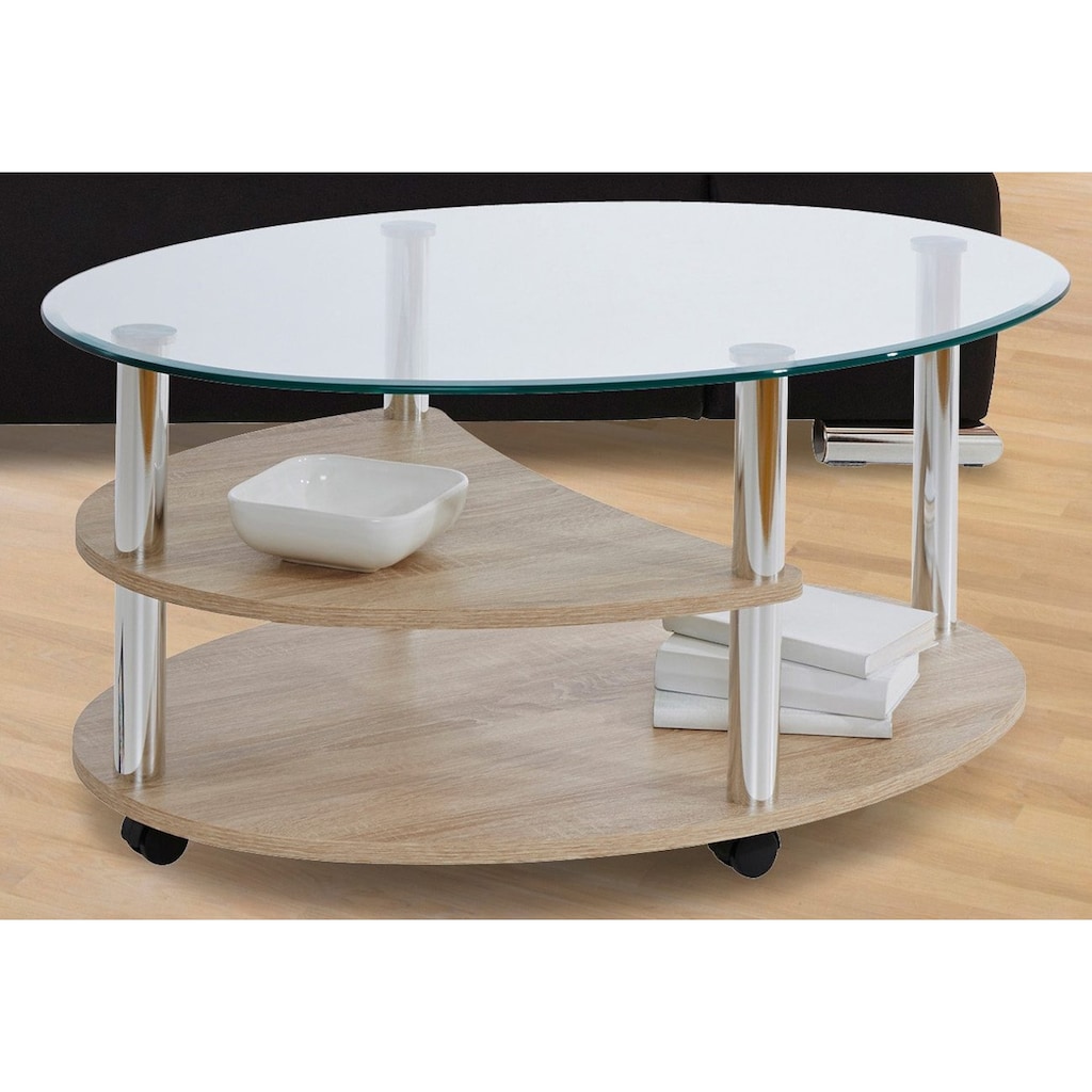Wohnen Tische PRO Line Couchtisch, mit Glasplatte, Gestell aus Holz und Metall, mit Ablageboden, mit Rollen, Form oval 