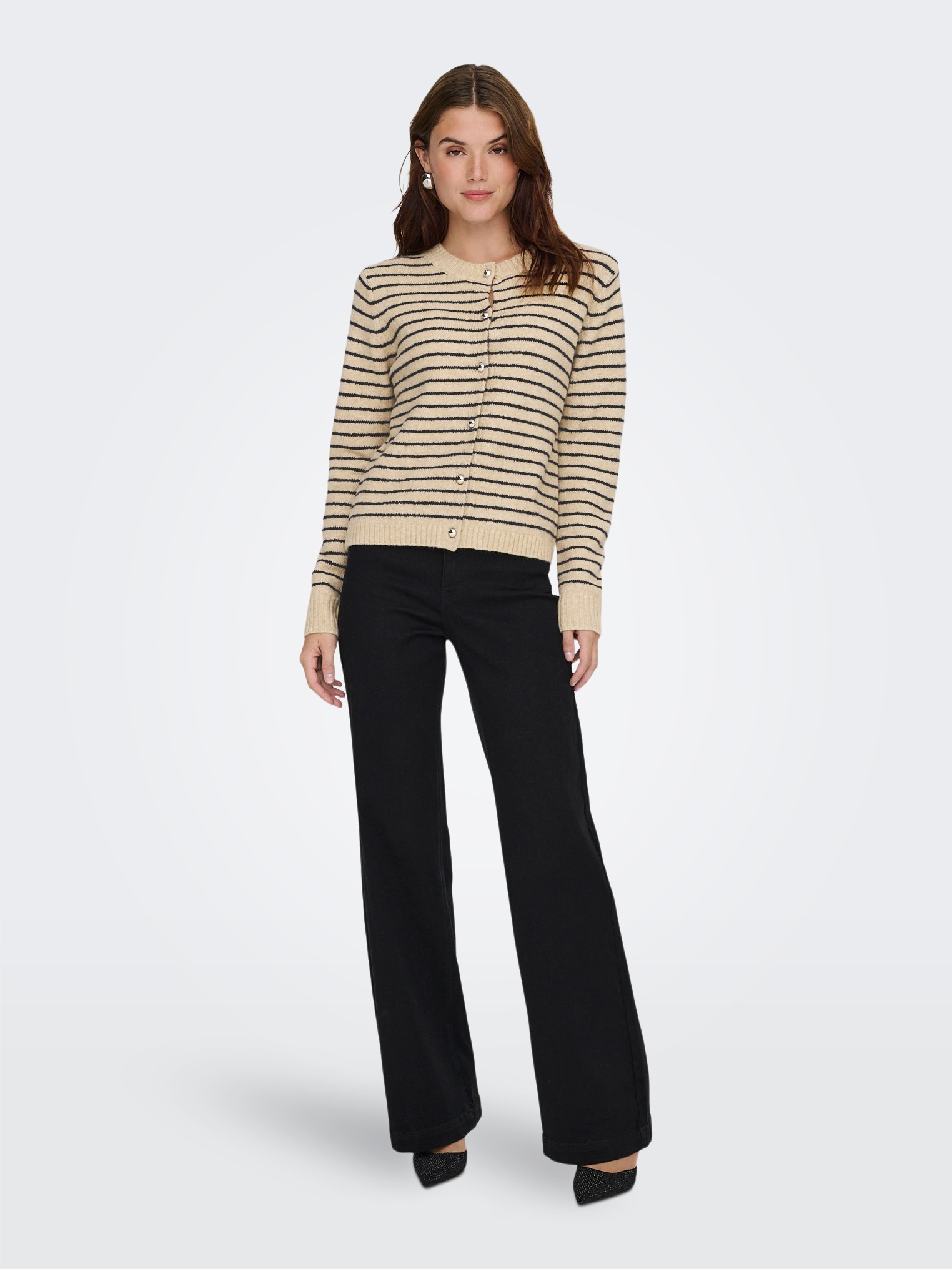 Strickjacke ONLY "ONLCHESTER LIFE LS STRIPE CARDI CC KNT", Damen, Gr. S, humus stripes:niht sky, mel, silber button, Strick, Obermaterial: 52% Polyester, 36% Polyacryl, 10% Wolle, 2% Elasthan, gestreift, regular fit normal, Rundhals, Strickjacken Strickja 3