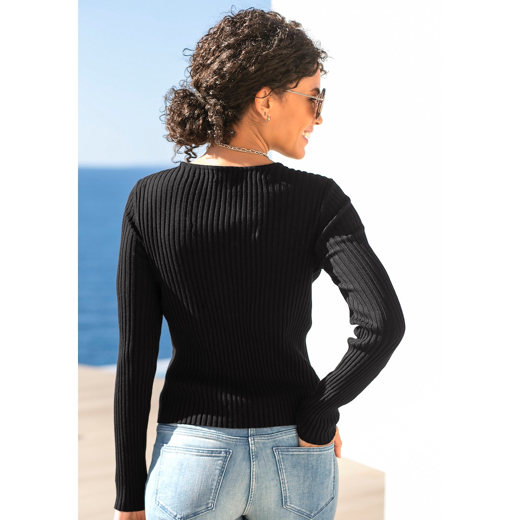 LASCANA V-Ausschnitt-Pullover, mit Zierperlen, figurbetonter Strickpullover, elastisch