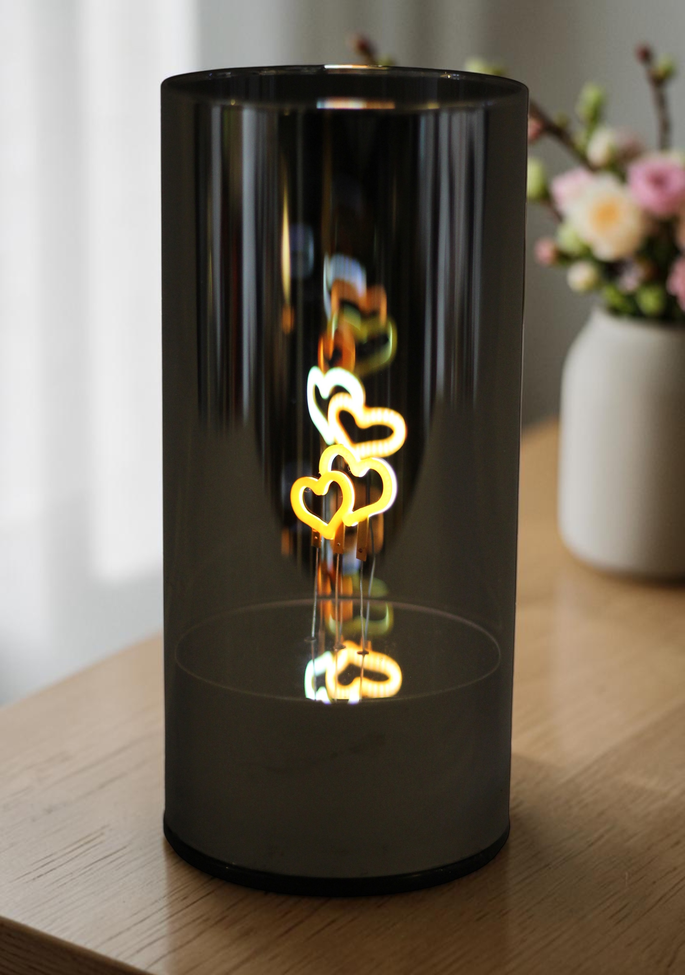 OTTO home LED Tischleuchte »Spiegelglas Licht IRELLA  rotierendes Motiv« LED-Board 1 Stk. 9x9cm, H. 19,5 cm. Batteriebetrieb (3 AA) mit Timer