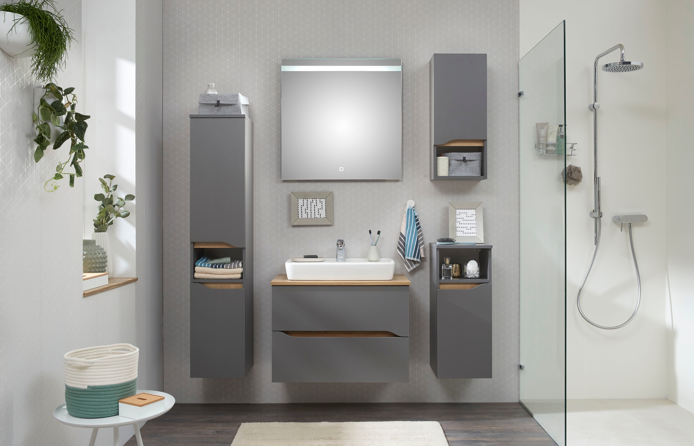Saphir Badmöbel-Set »Quickset 5-teilig, Keramik-Aufsatzbecken mit LED-Spiegel«, (7 St.), Midischrank, Unterschrank, Hängeschrank, inkl. Türdämpfer, 6 Türen
