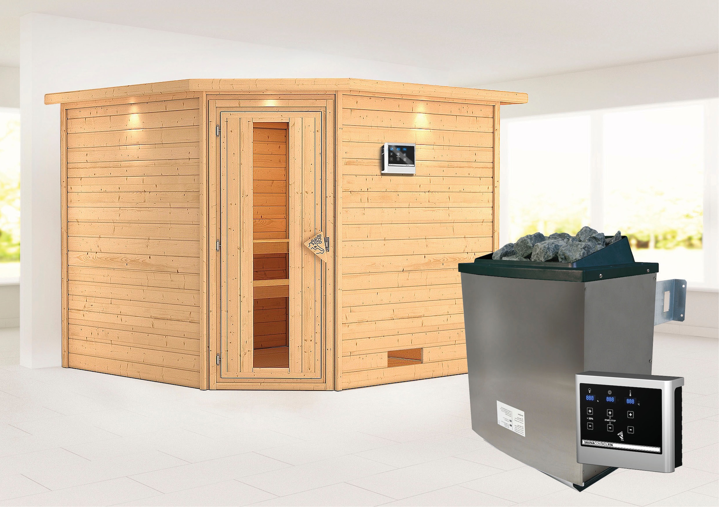 Karibu Sauna ""Leona" mit Kranz und Energiespartür Ofen 9 KW externe Strg modern", aus hochwertiger nordischer Fichte