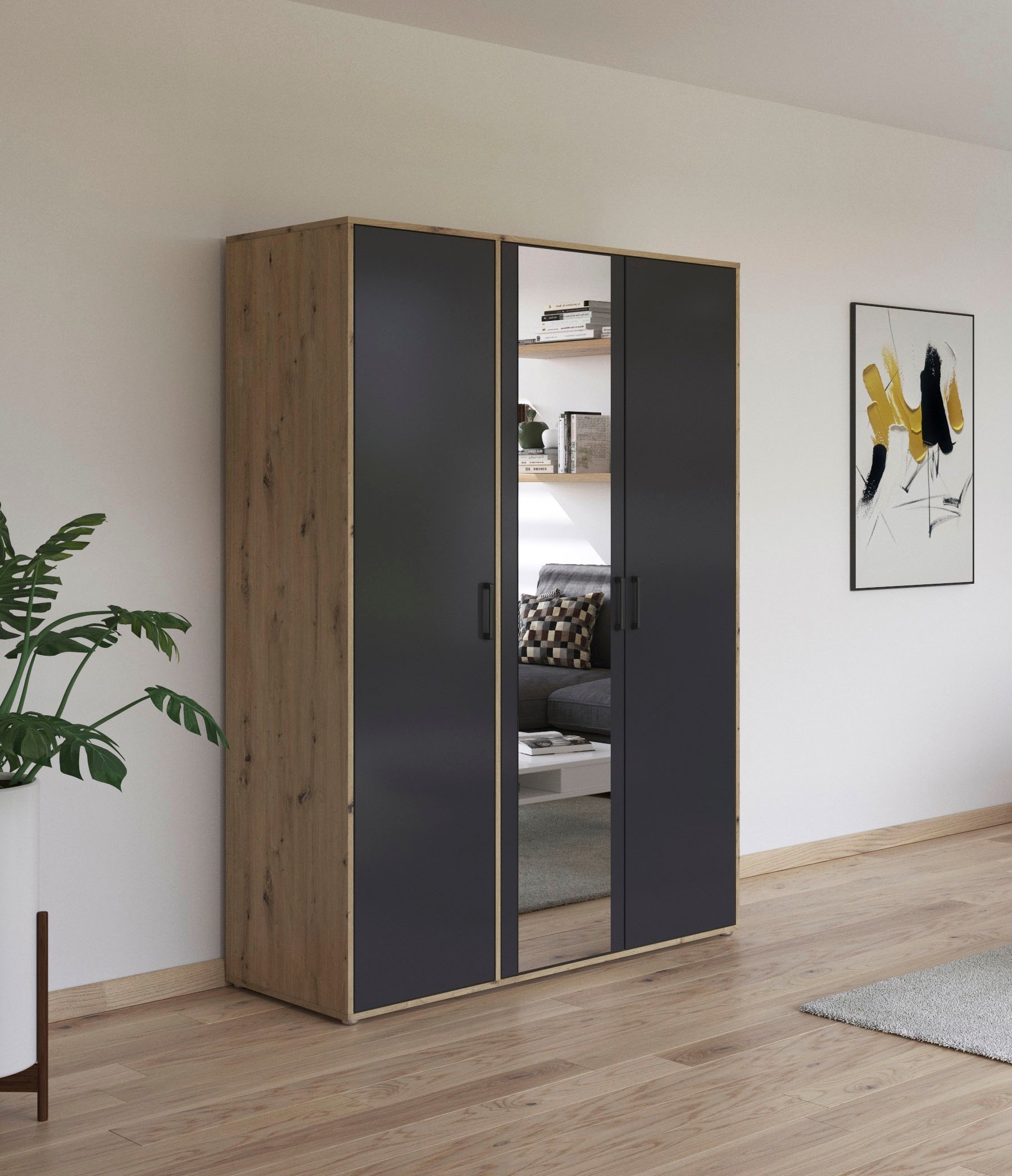 rauch Drehtürenschrank »Kleiderschrank Schrank Garderobe Wäscheschrank VOYAGER«, (in 3 verschiedenen Ausstattungen BASIC/CLASSIC/PREMIUM), mit modernen Griffen in Graumetallic und Spiegel