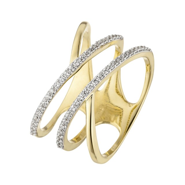 Damen Ring breit mehrreihig 375 Gold Gelbgold 52 Zirkonia Goldring.