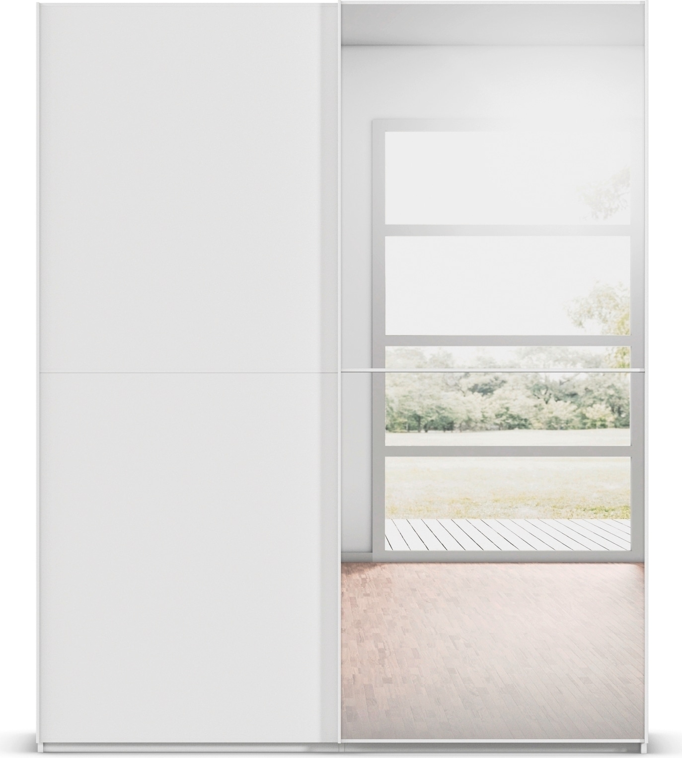 rauch Schwebetürenschrank »Kleiderschrank Schrank Garderobe Schlafzimmerschrank SCALE-DUO«, edle zweigeteilte Türen, Spiegel und 3 Zierleisten MADE IN GERMANY