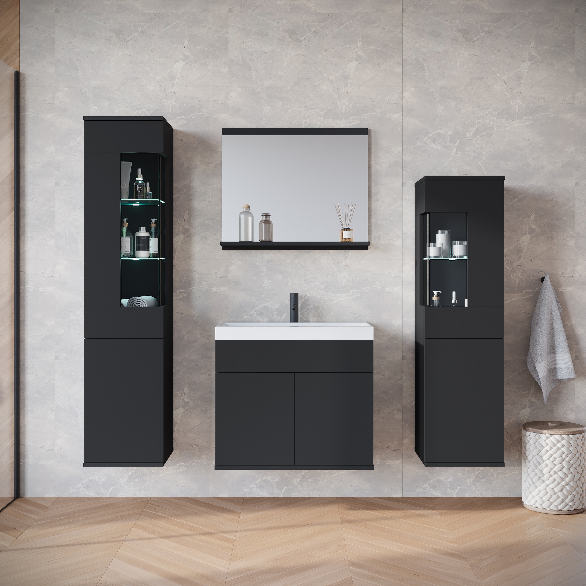 INOSIGN Badmöbel-Set »Kenia«, (Set, 5 St.), Modernes Badmöbel-Set mit viel Stauraum und Glaseinsatz