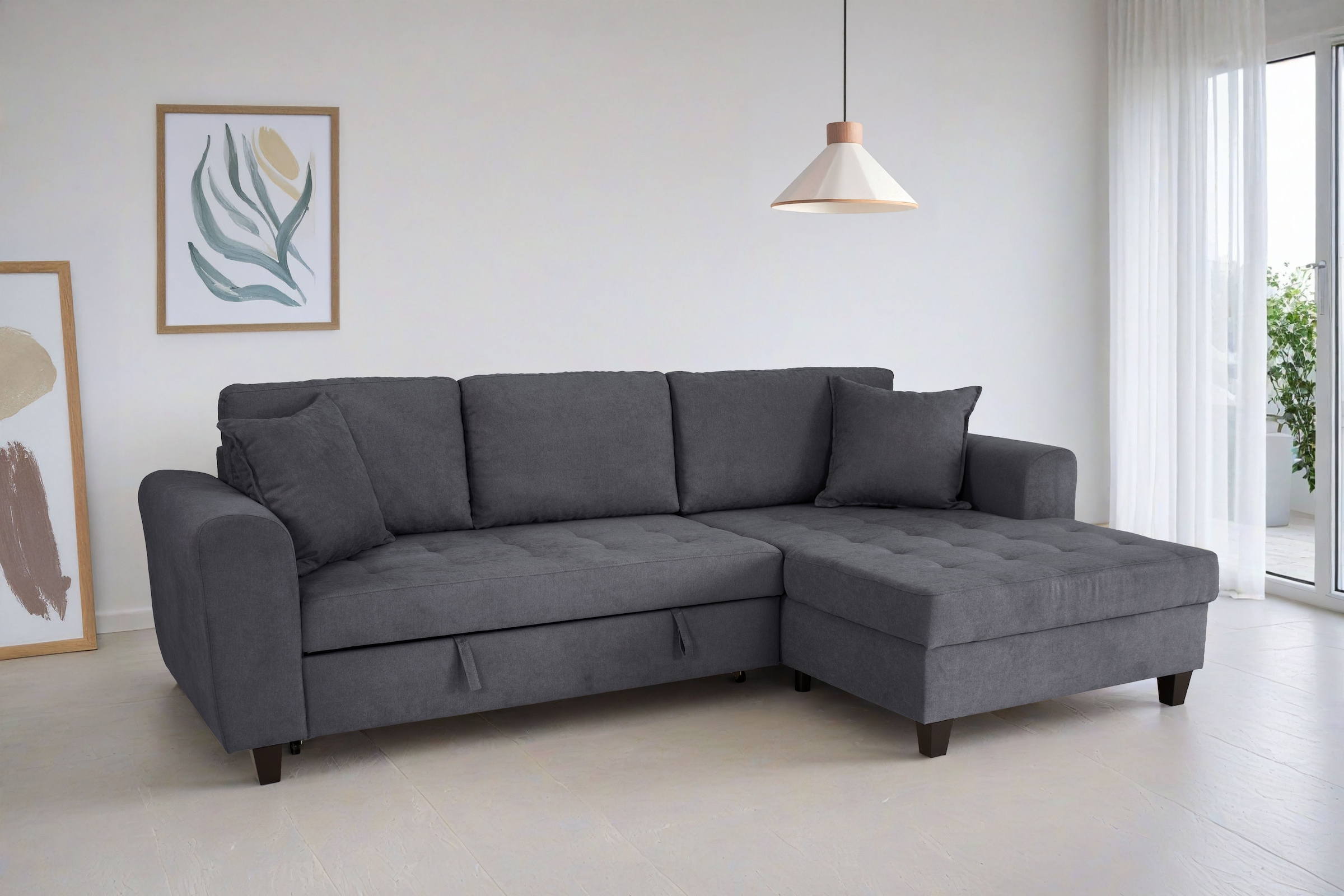 OTTO home Ecksofa "Moritz L-Form, B: 265 cm" mit Schlaffunktion, Bettkasten & Zierkissen
