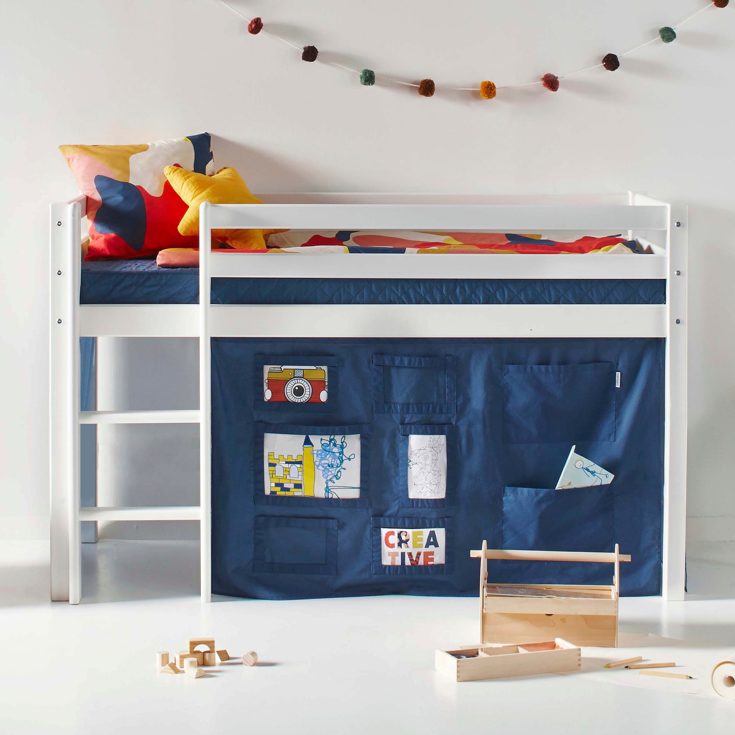 Hoppekids Hochbett "ECO Dream, Kinderbett, Spielbett, Halbhohes Bett aus Massivholz" inkl. Vorhang-Set Creator, Bettgröße & Matratze wählbar