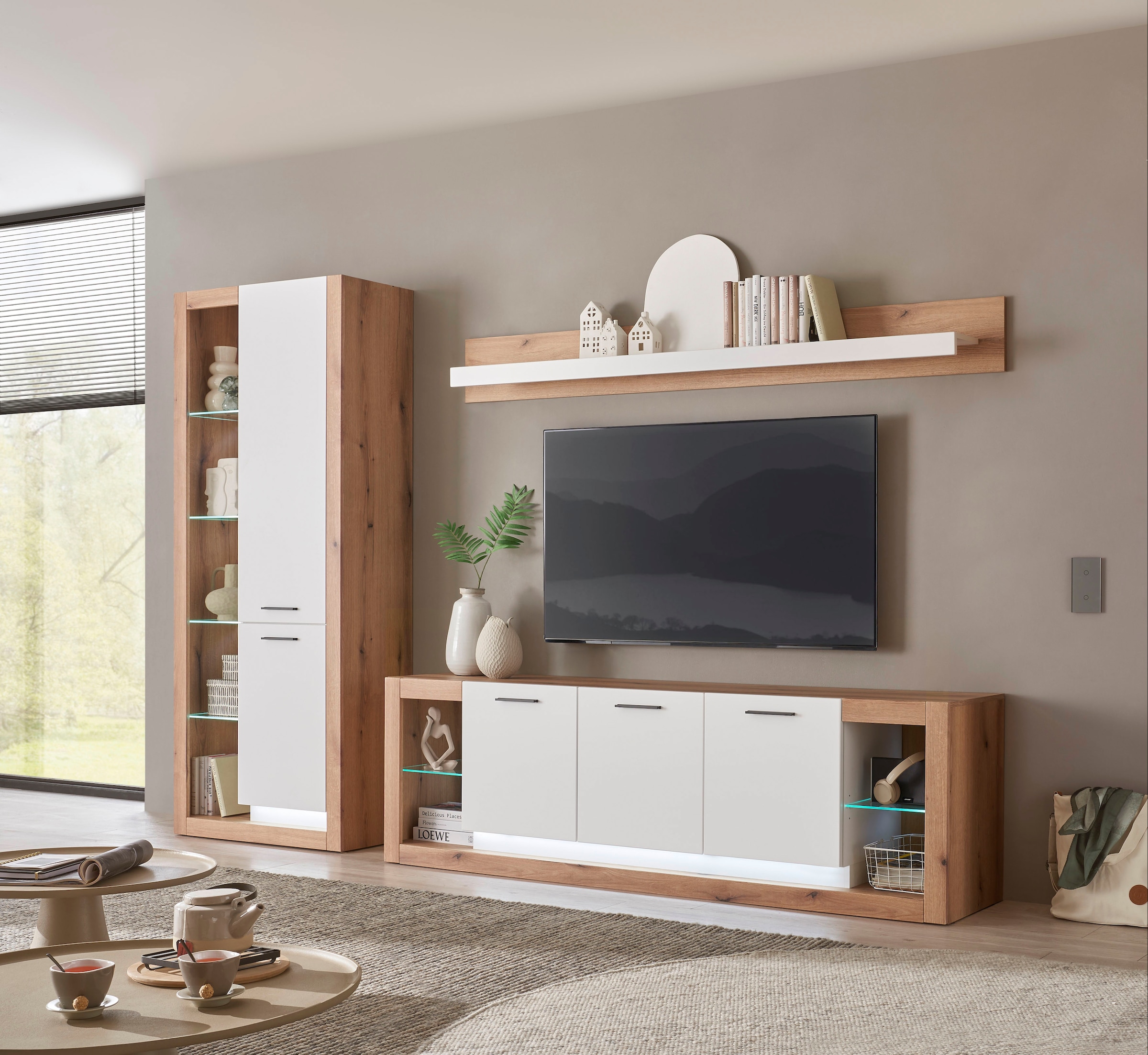 INOSIGN Wohnwand »Brixen, moderne Anbauwand, Wohnzimmer-Set, Eiche Evoke Dekor mit Weiß«, (Set, 3 St.), enthält Stauraumelement, Lowboard und Wandboard