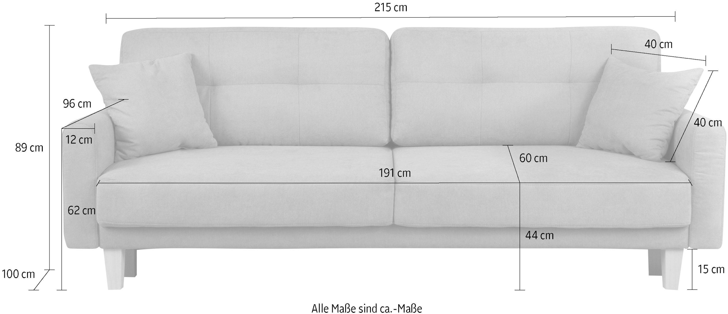 Home affaire 3-Sitzer »Triplo wahlweise mit Bettfunktion und Bettkasten,«, incl. Zierkissen, B/T/H: 215/100/89 cm Liegefläche 191 x 145 cm