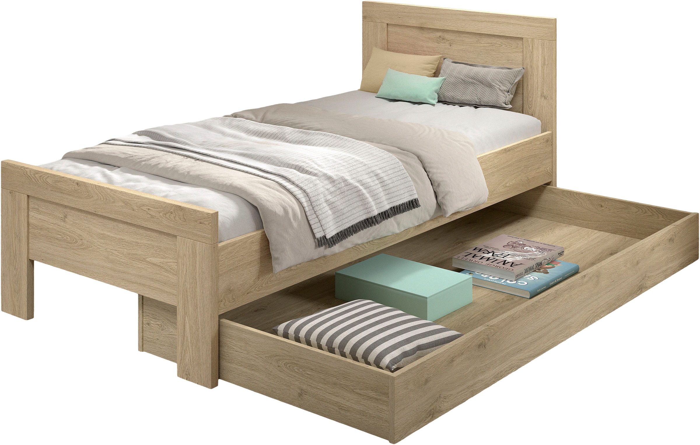 Jugendzimmer-Set VIPACKeiche dekor, Schlafzimmermöbel-Sets, "SAM - Bett und Bettschublade, gradliniges Design in wohnlichem Dekor", die Oberfläche