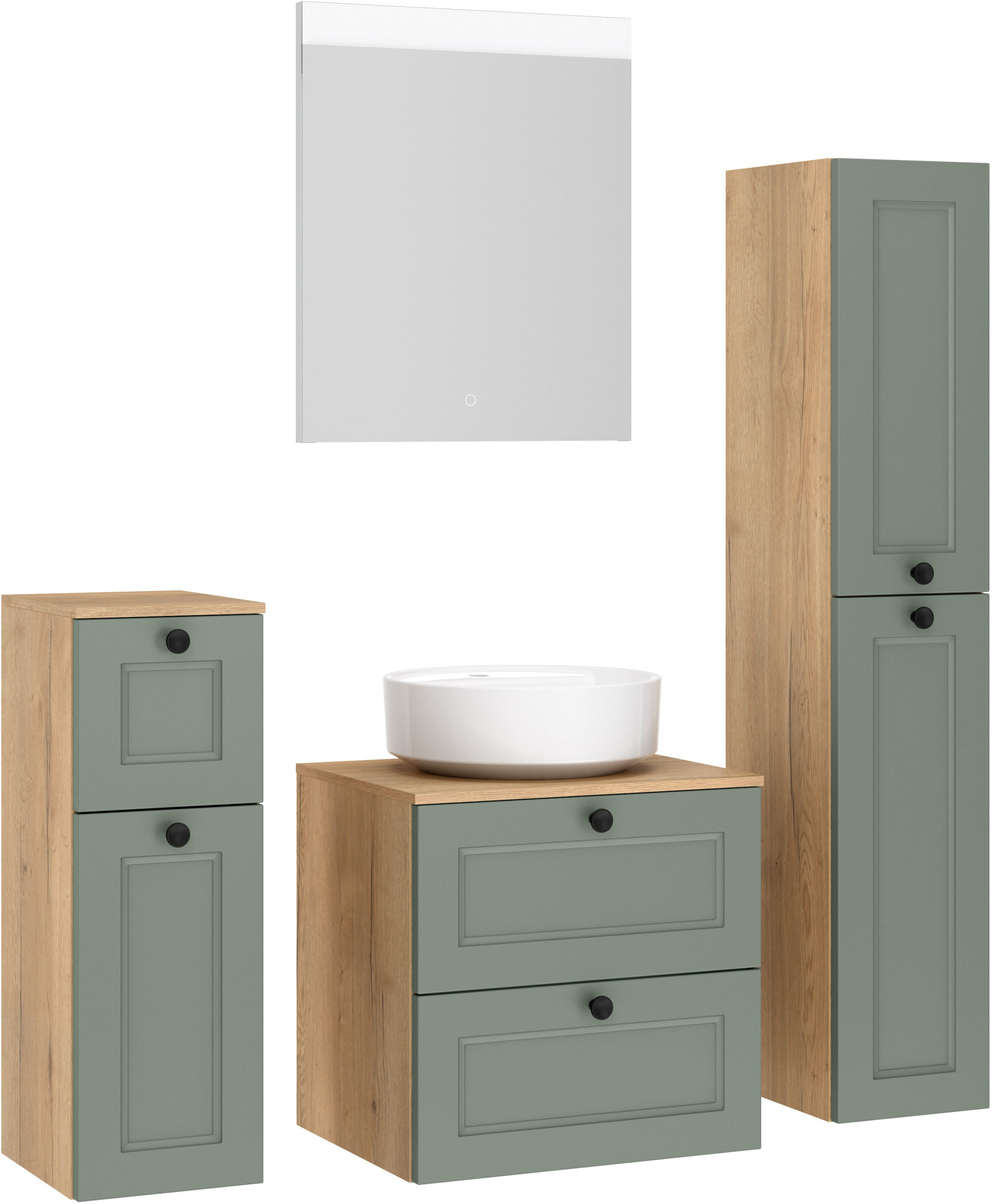 nobilia® Badmöbel-Set »Cascada« Set, inkl.  Aufsatzwaschbecken und beleuchtetem  Spiegel mit Touch-Sensor, 4 Stk. tlg.