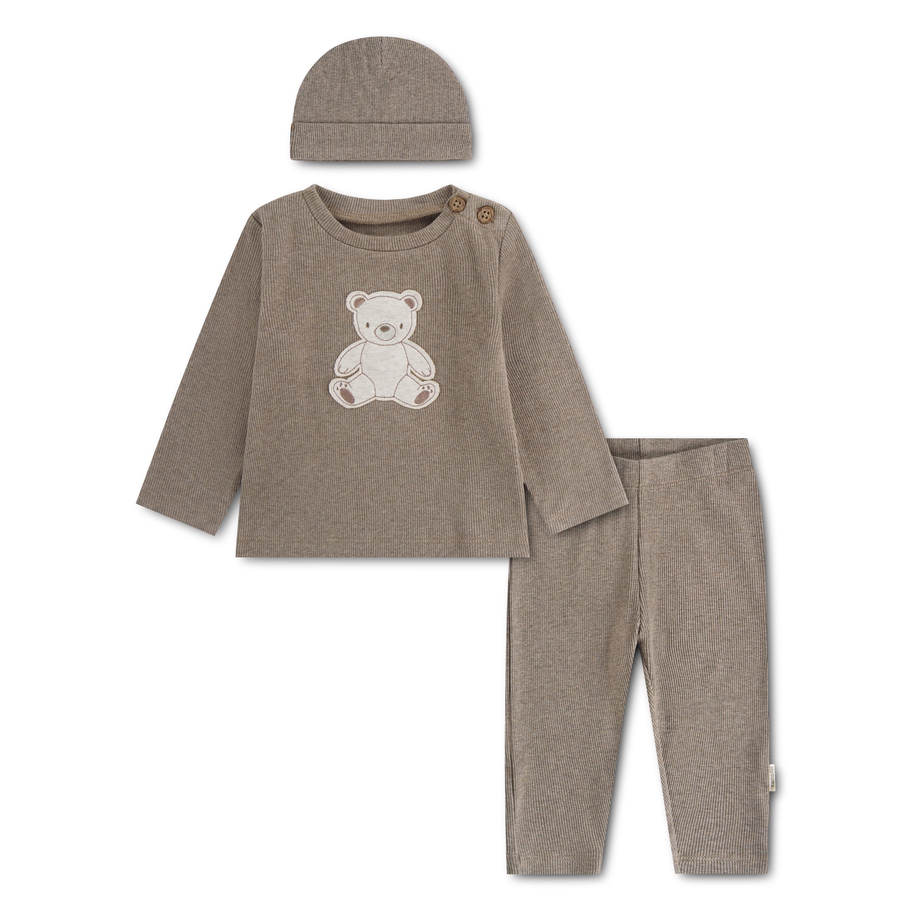 HUGGIES babywear Langarmshirt & Hose "HUGN PANT SET + ATTACHMENT" Set, 3 mit Bärchenapplikation und passender Mütze