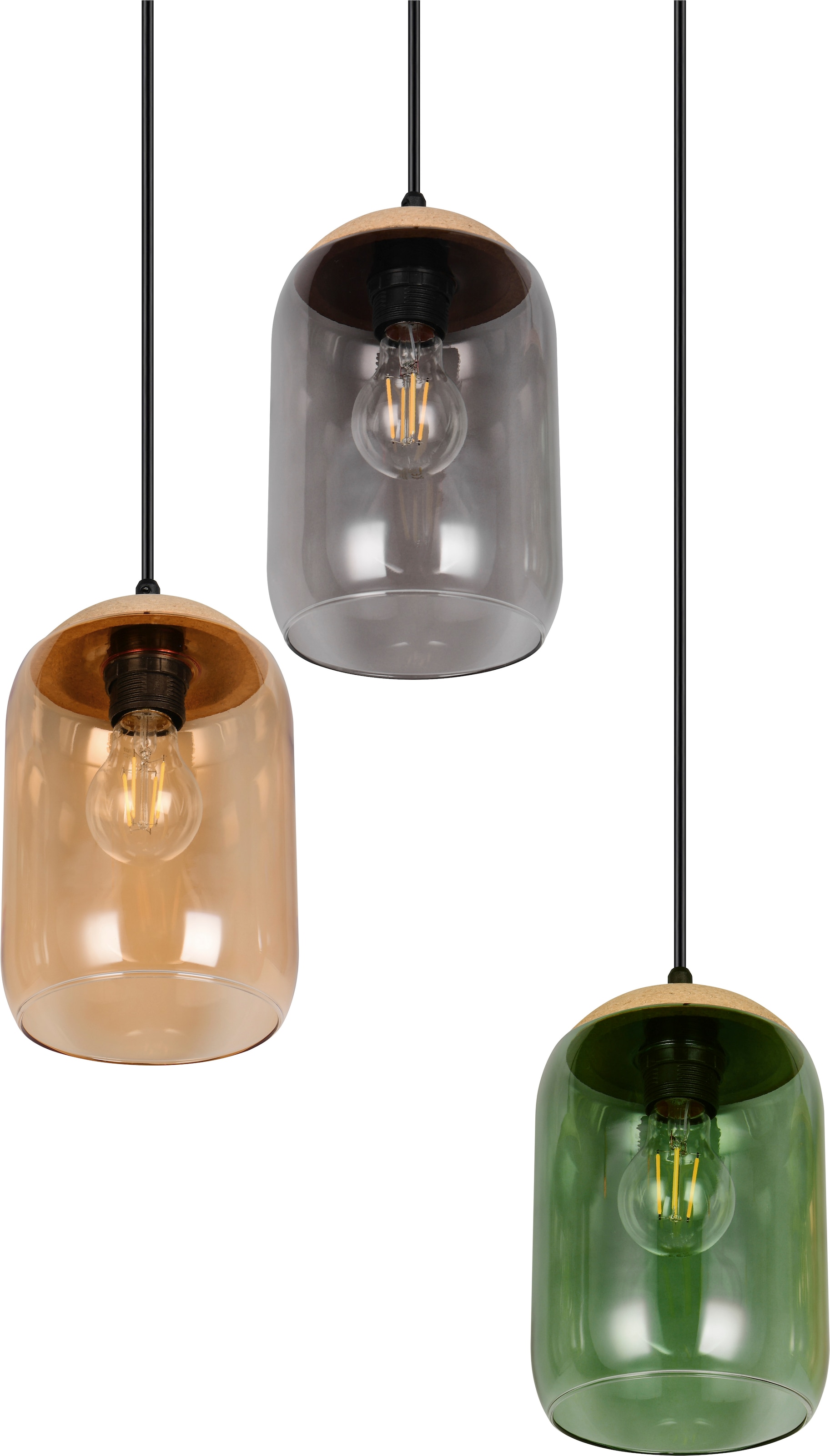 TRIO Leuchten Pendelleuchte »CORK, mehrflammige Hängelampe mit bunten Glasschirmen exkl E27 max 10W« E27 1 Stk. warmweiß - kaltweiß aus min. 50% Recycling-Material (Glas), Höhe bis 150 cm