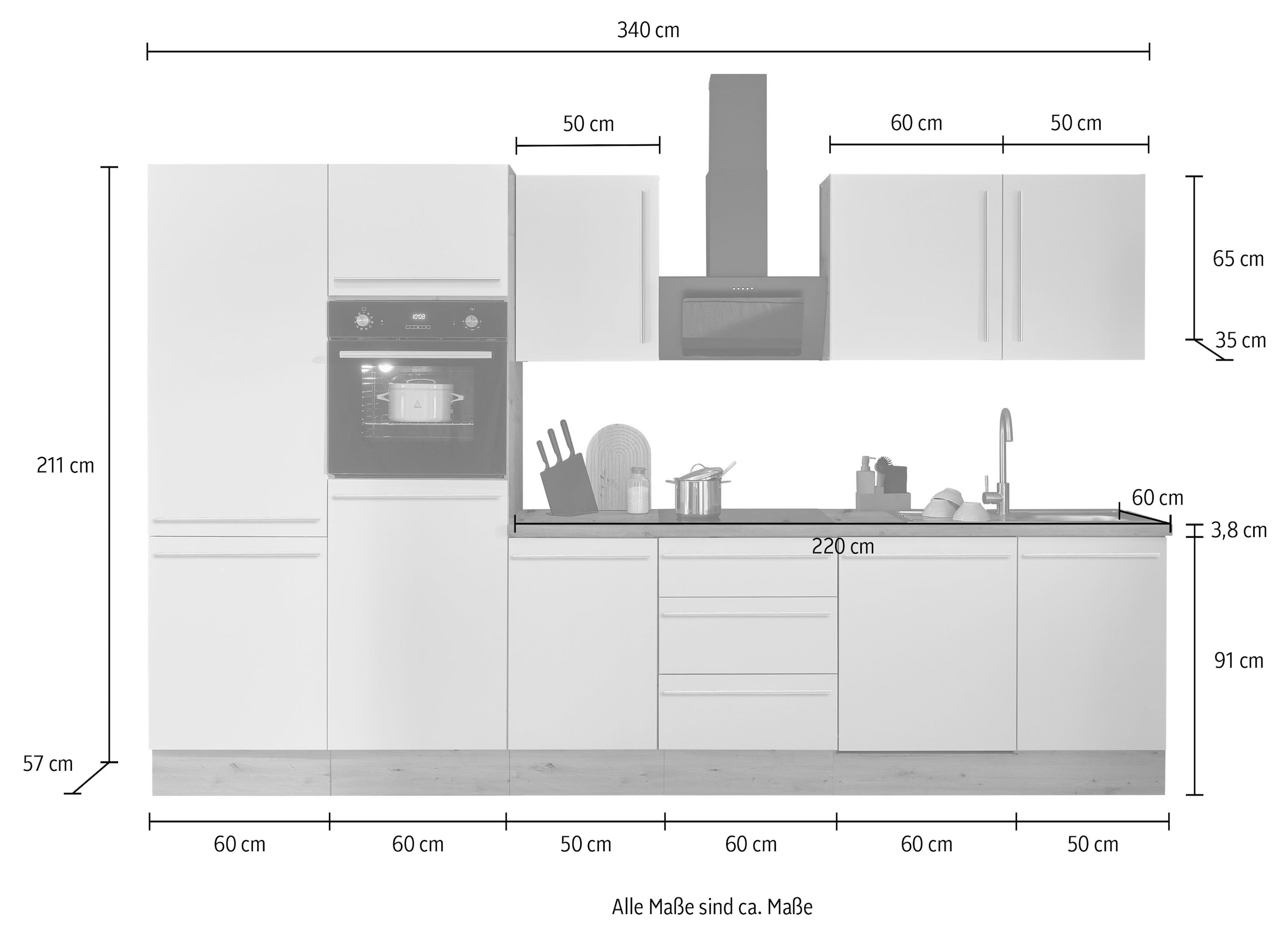 KOCHSTATION Küchenzeile »Florida«, Breite 340 cm, wahlweise mit E-Geräten,Softclose für Türen/Schubkästen