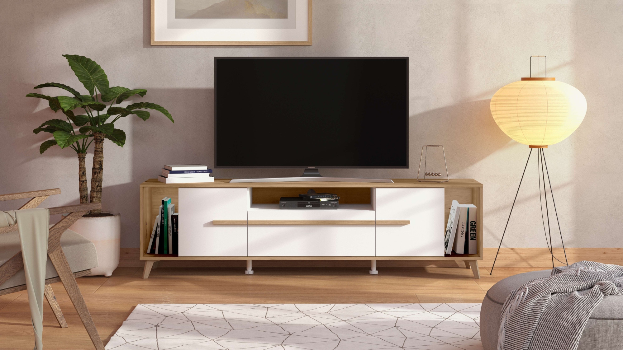 INOSIGN TV-Board "Orleans, Lowboard, TV-Schrank, TV-Ständer, Breite 190 cm", Opaque Weiß und Artisan Eiche Dekor, modern