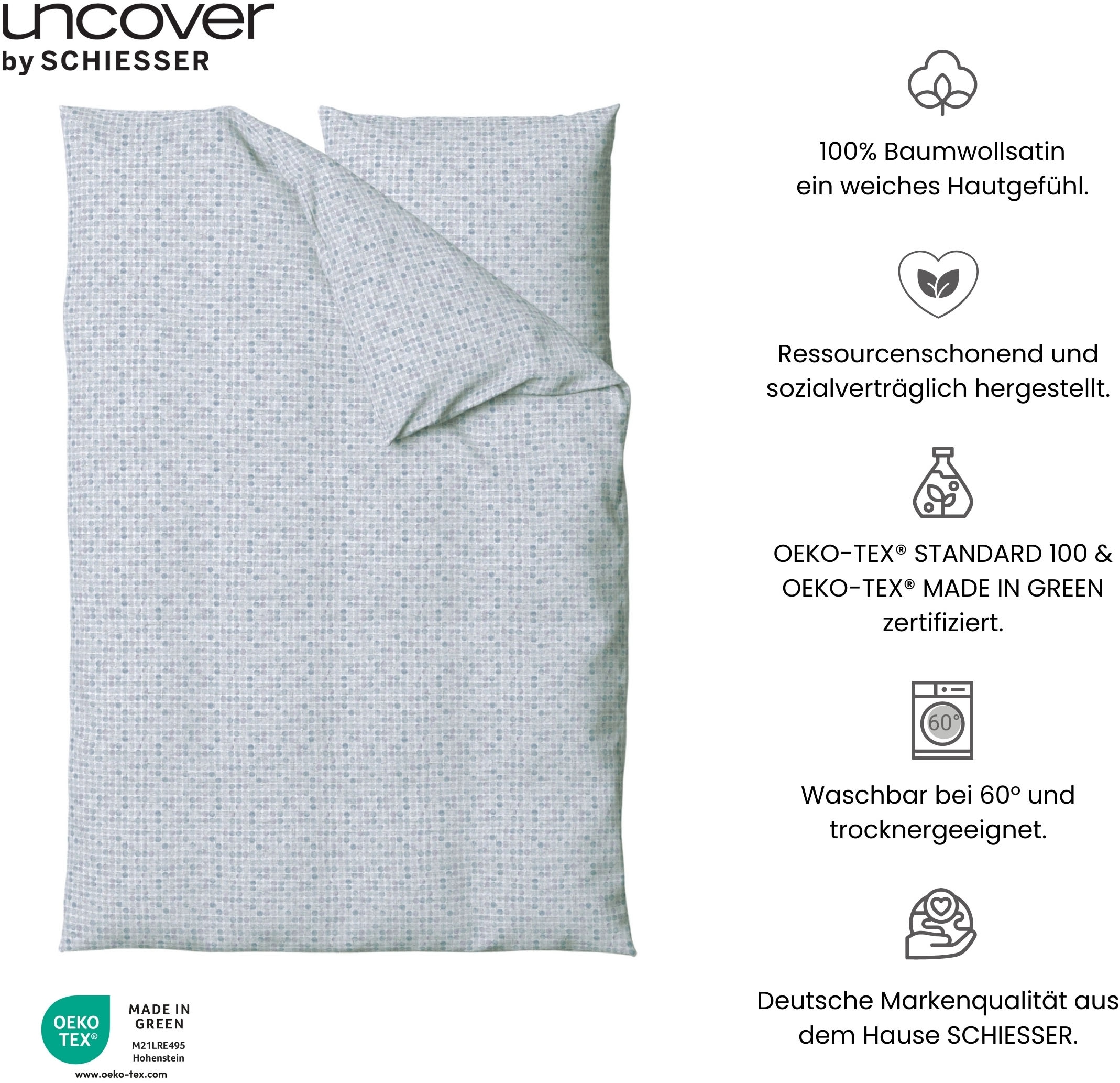 uncover by SCHIESSER Bettwäsche »Punto aus edlem Baumwollsatin, 135x200cm + 80x80cm«, Made in Green