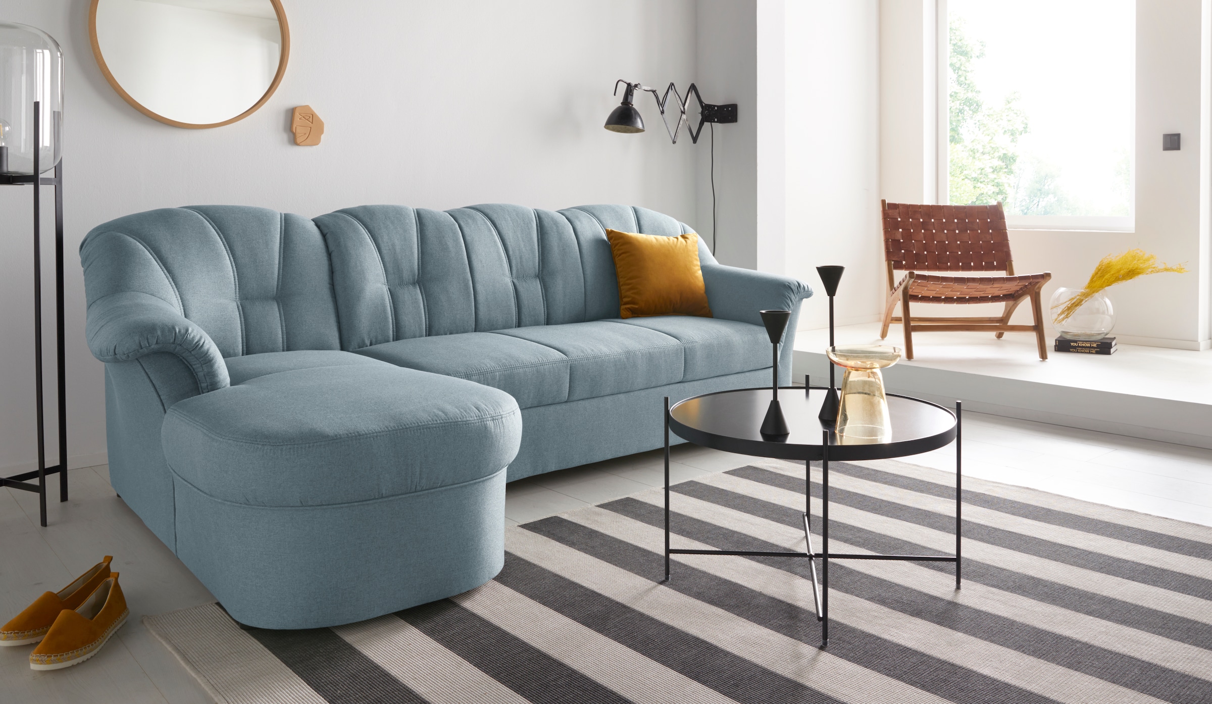 DOMO collection Ecksofa "Papenburg, zeitlose Rückensteppung, elegante Formensprache, L-Form" in großer Farbvielfalt, wahlweise mit Bettfunktion