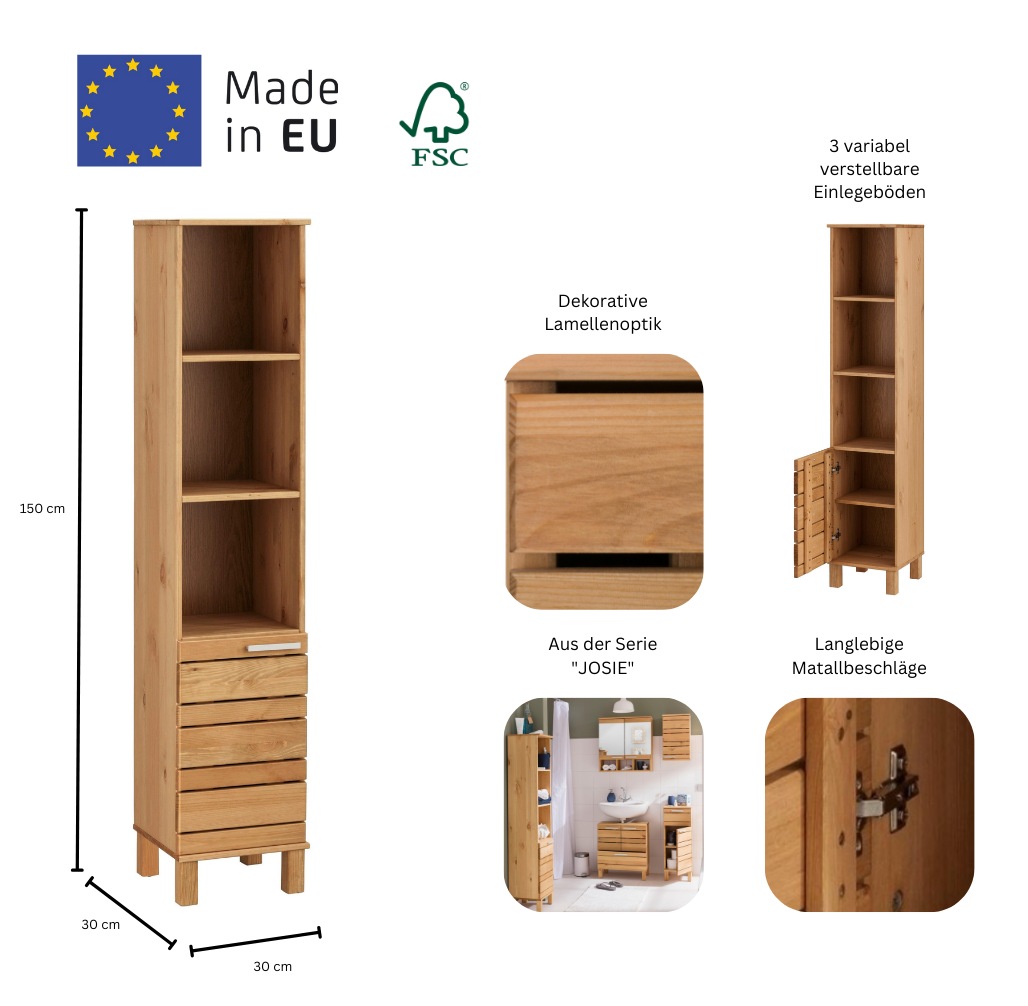 Thumbnail - Home affaire Hochschrank "JOSIE" Breite 30 cm, aus Massivholz, verstellbare Einlegeböden, Metallgriffe