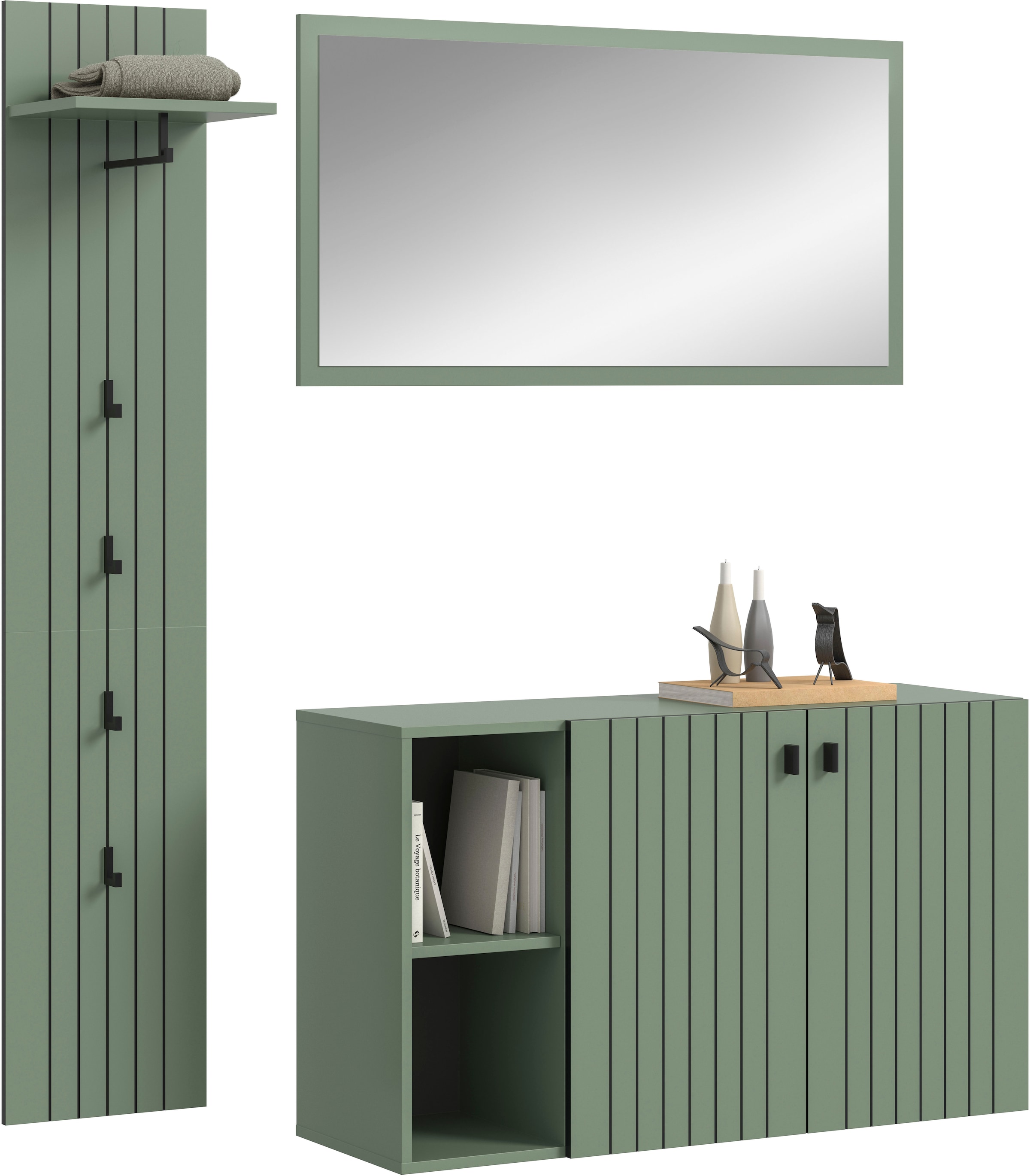 INOSIGN Garderoben-Set »TATIO, 3-tlg. Garderobenkombination, Breite: 152 cm, Rilenfräsung« Set, Set, best. aus: 1 Garderobenpaneel, 1 Spiegel, 1 Schuhkommode, 3 Stk. tlg.