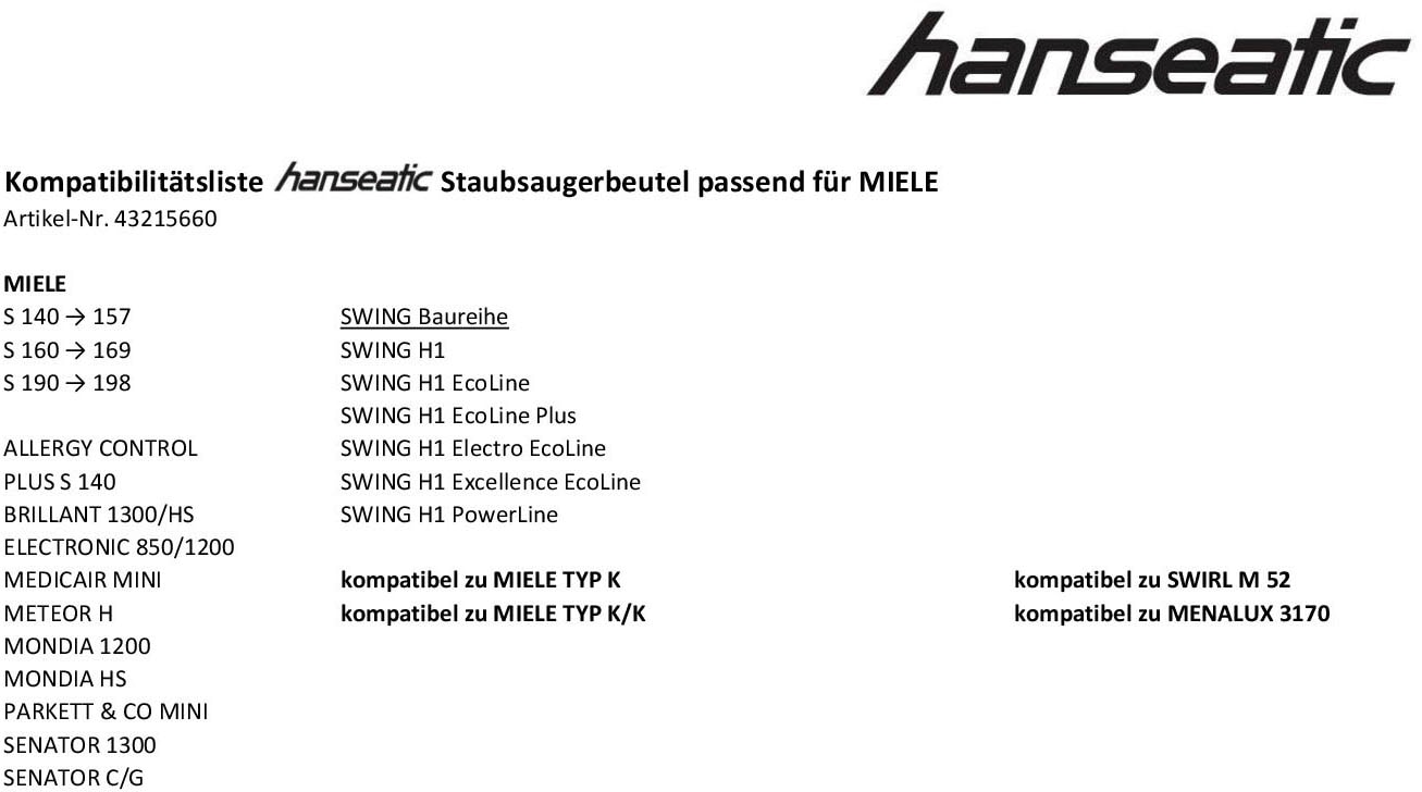 Hanseatic Staubsaugerbeutel, S MIELE Baureihe St.), passend MIELE Handstaubsauger H1 | 10 140 und für Swing BAUR (Packung