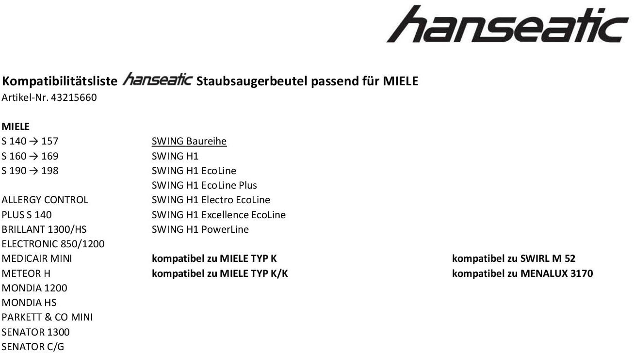 | MIELE für MIELE passend St.), S Handstaubsauger 140 H1 BAUR (Packung, und Swing Baureihe 10 Hanseatic Staubsaugerbeutel,